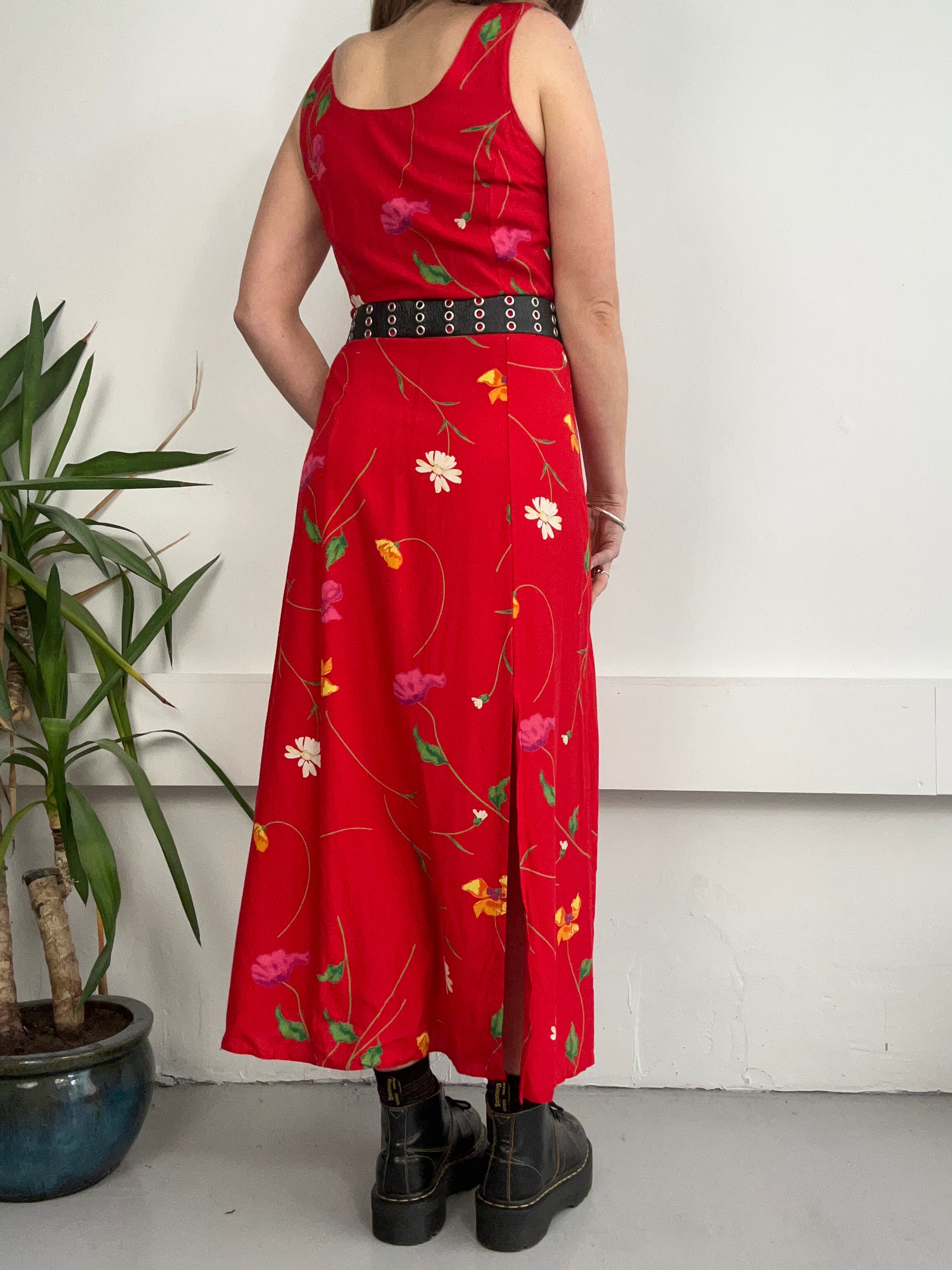 Red 90's Floral Midi Dress Size 8