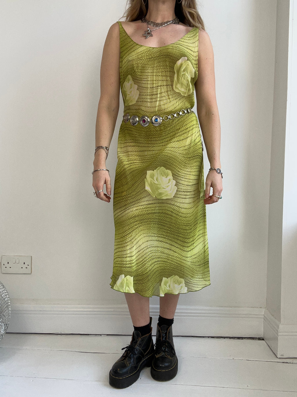 Chiffon lime green 90's Floral Dress Size 12