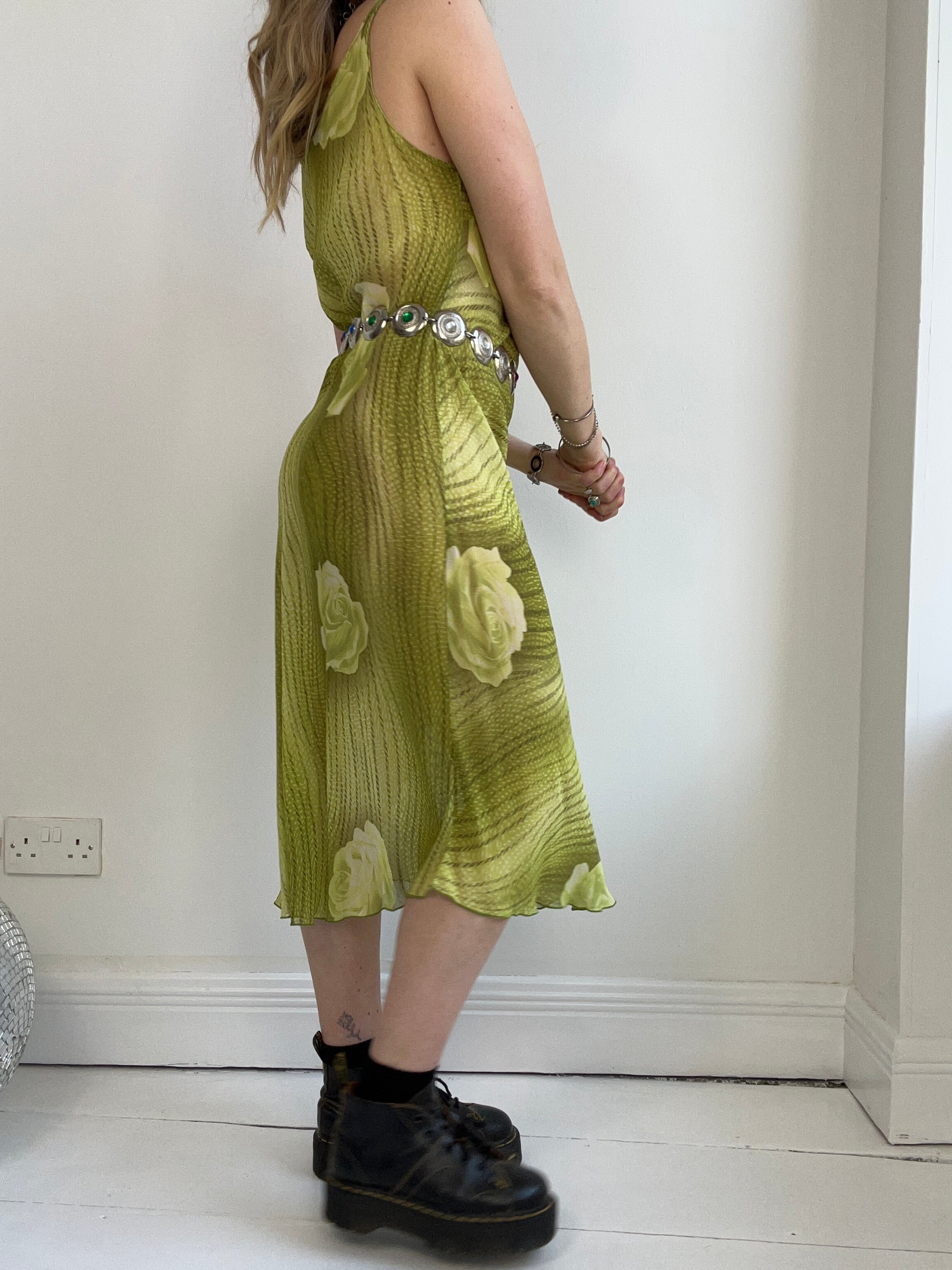 Chiffon lime green 90's Floral Dress Size 12