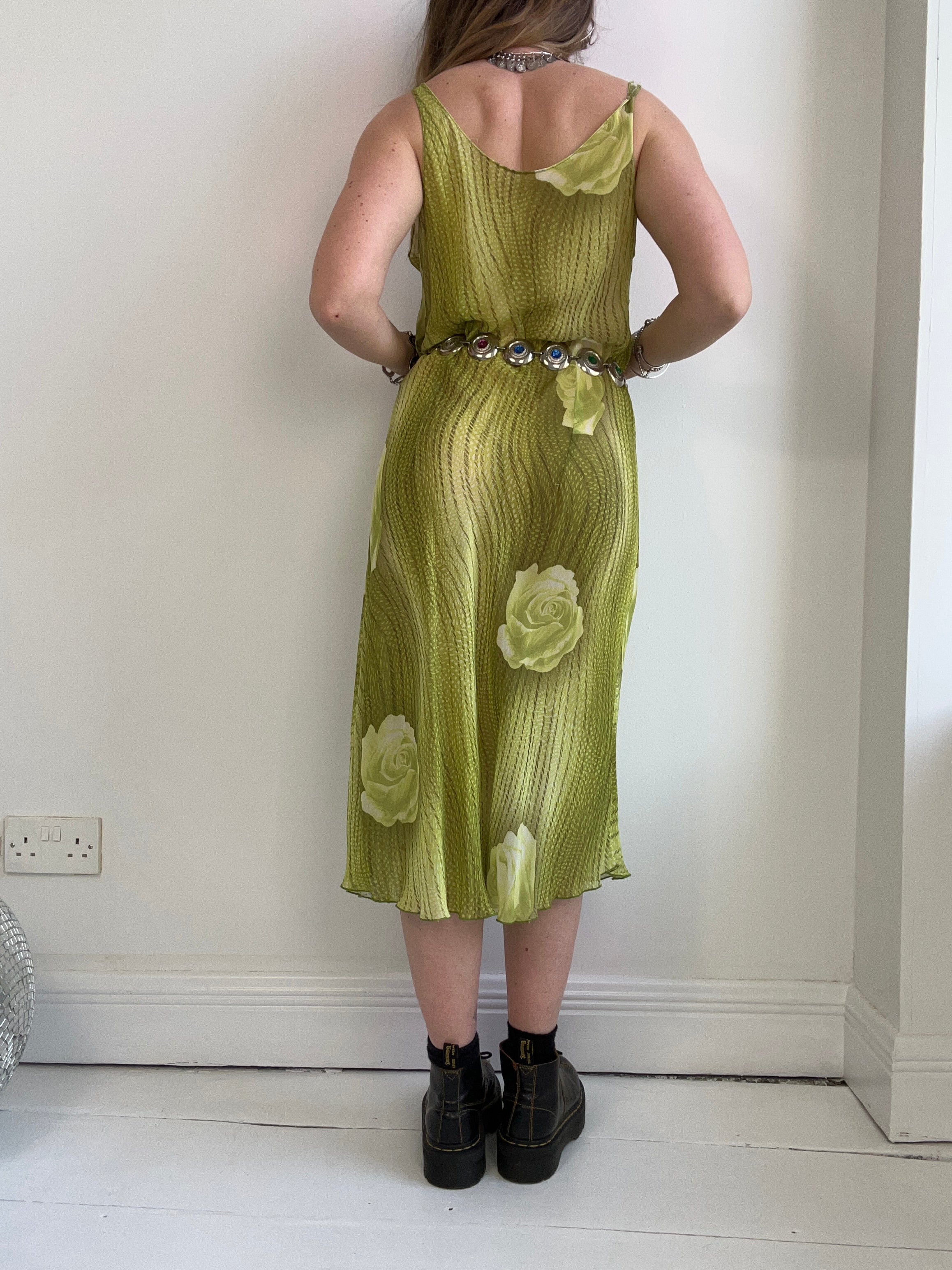 Chiffon lime green 90's Floral Dress Size 12
