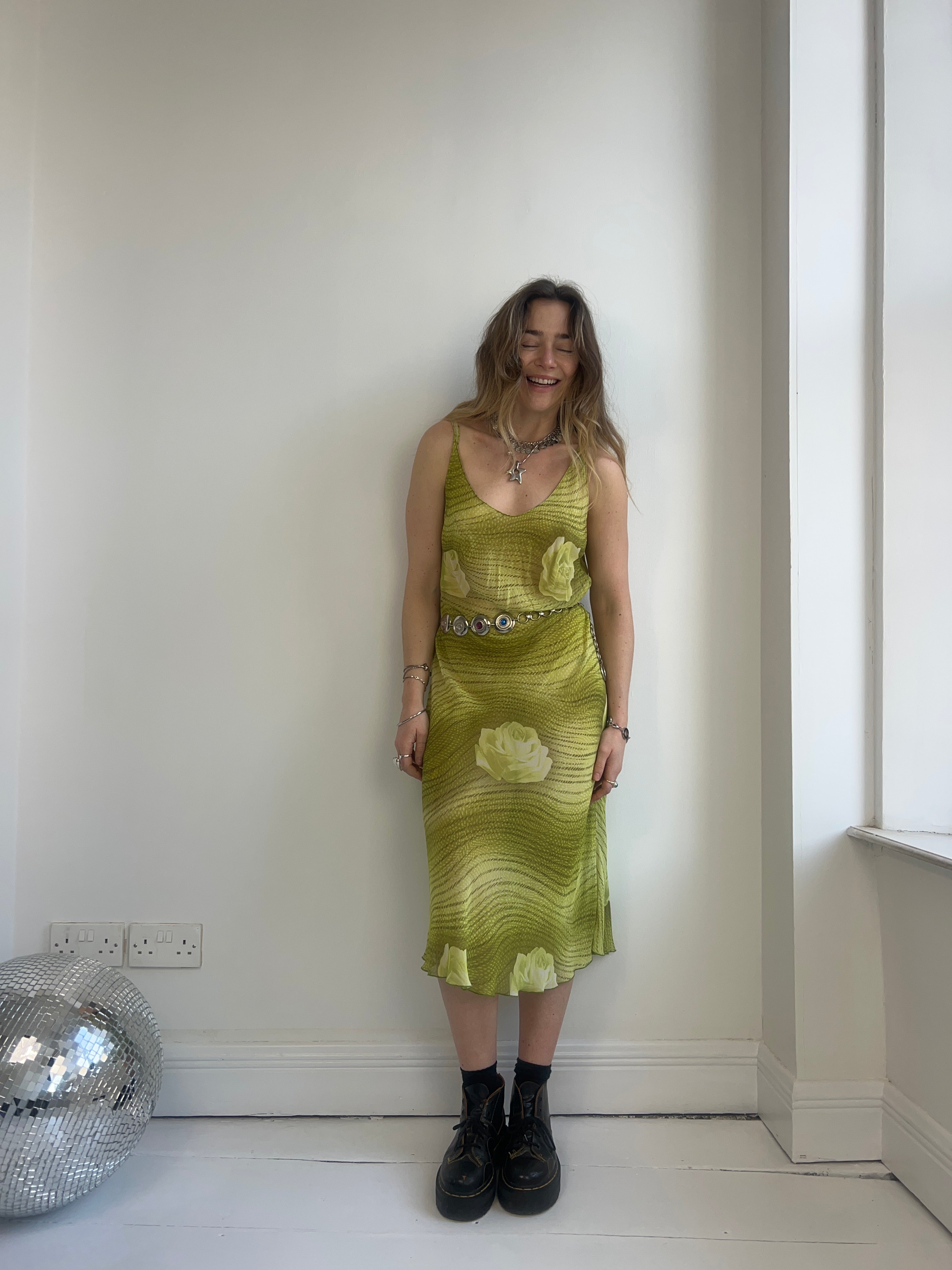 Chiffon lime green 90's Floral Dress Size 12