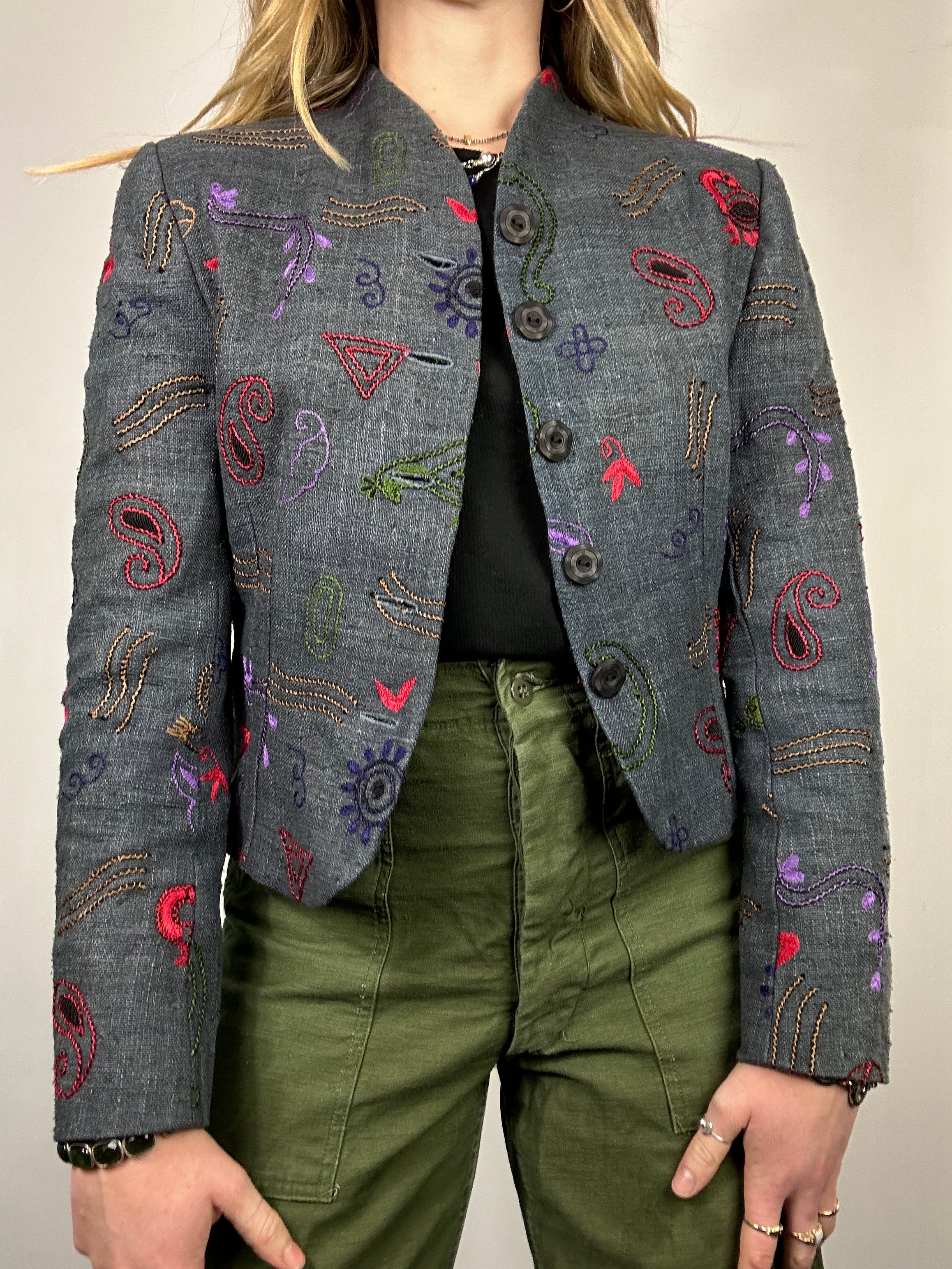 Embroidered Indigo Denim Jacket Size 8