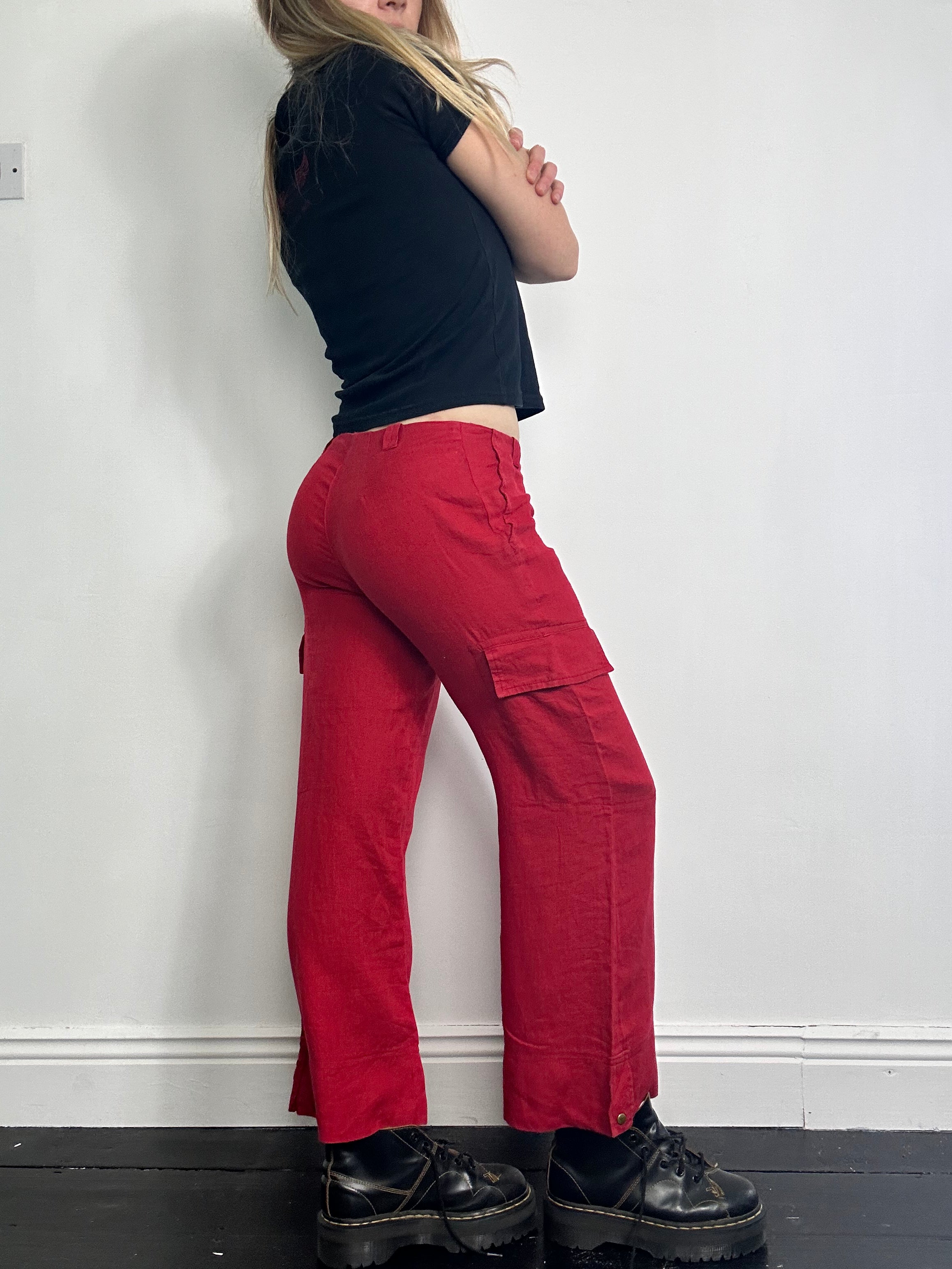 Red Linen Cargo Pants Size 8