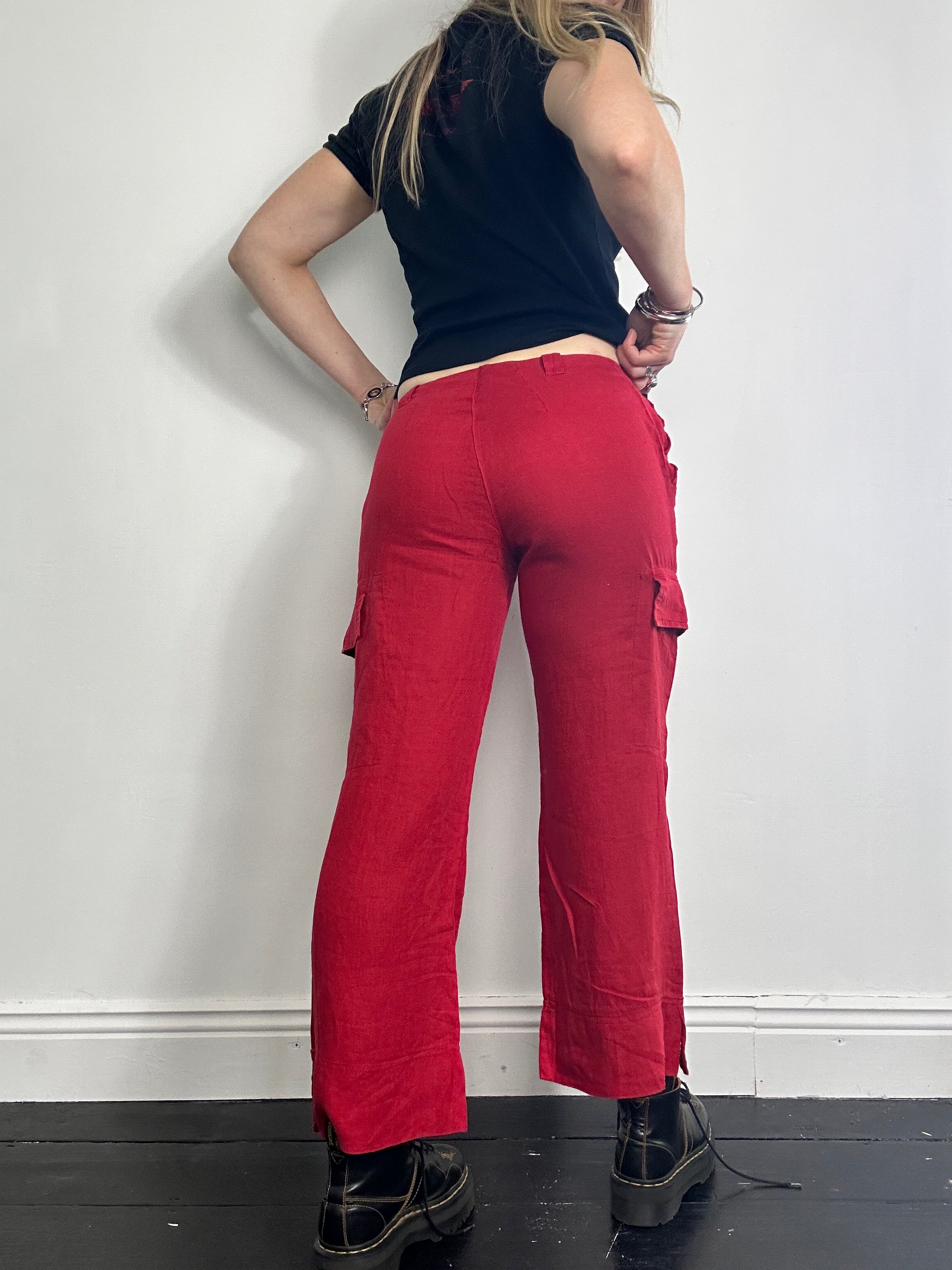 Red Linen Cargo Pants Size 8