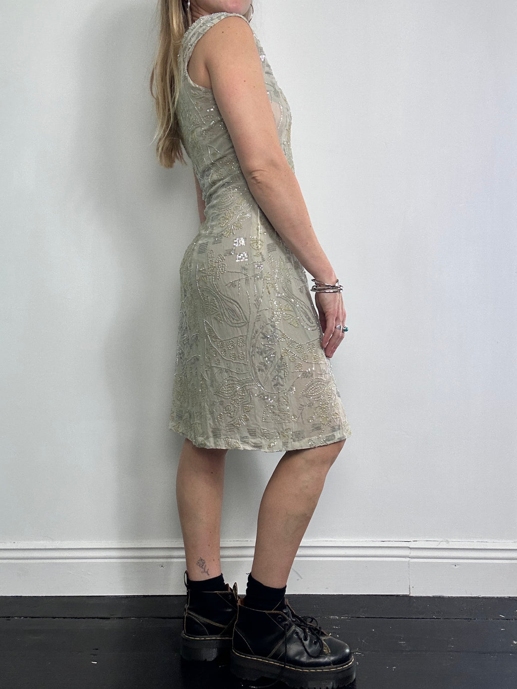 Grey Beaded Silver Midi Dress Size 10