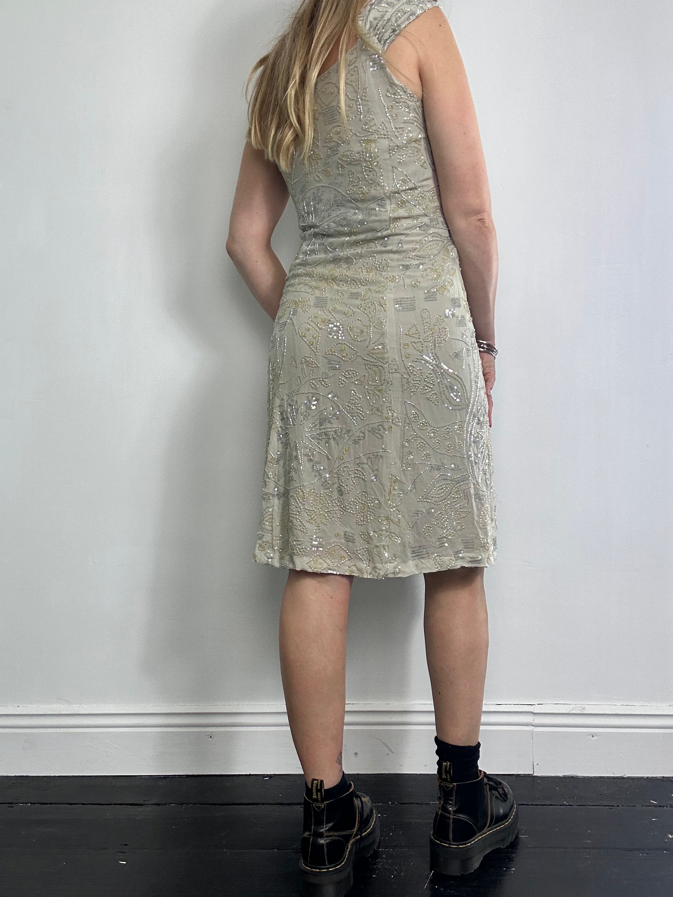 Grey Beaded Silver Midi Dress Size 10