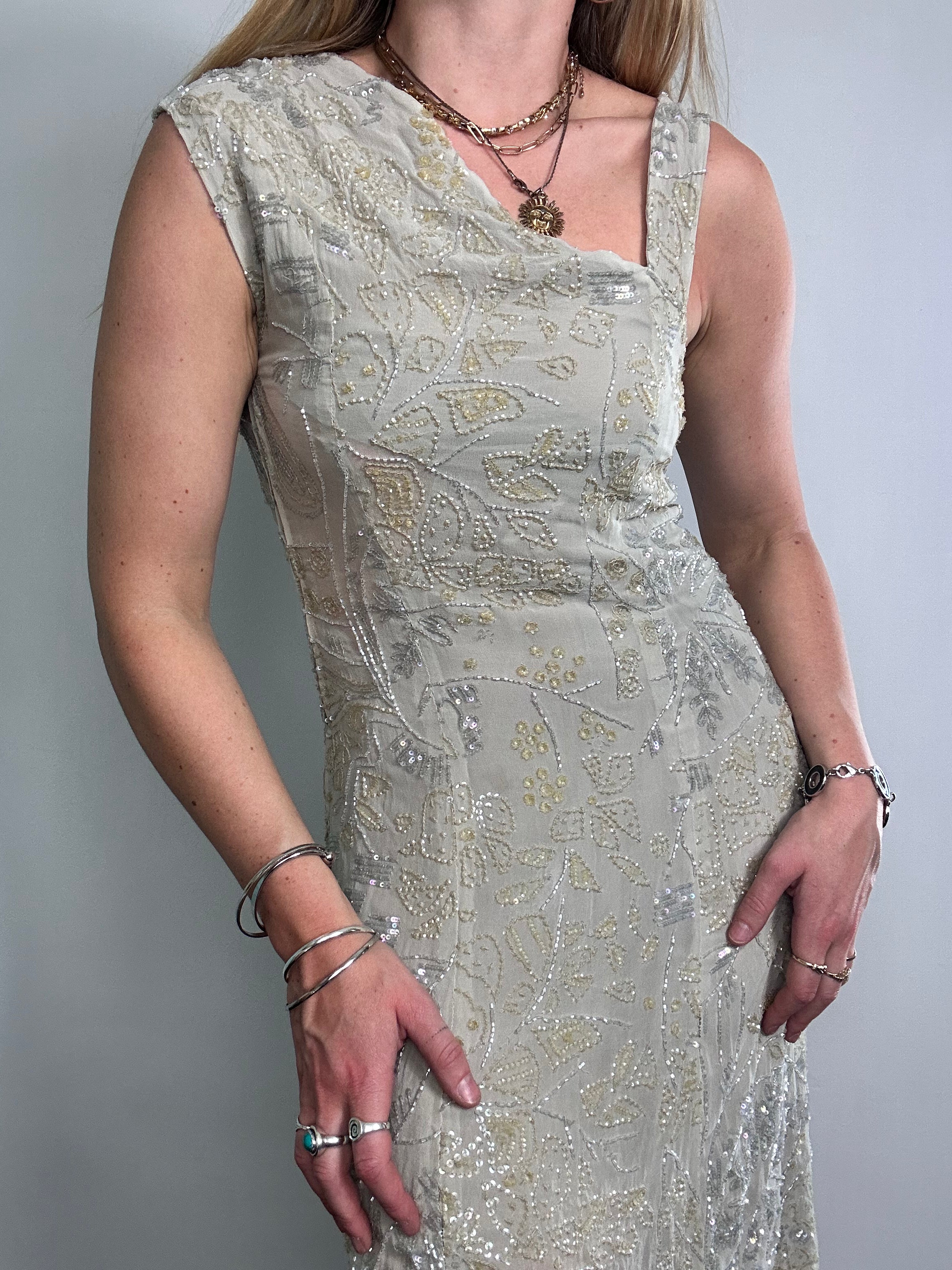 Grey Beaded Silver Midi Dress Size 10