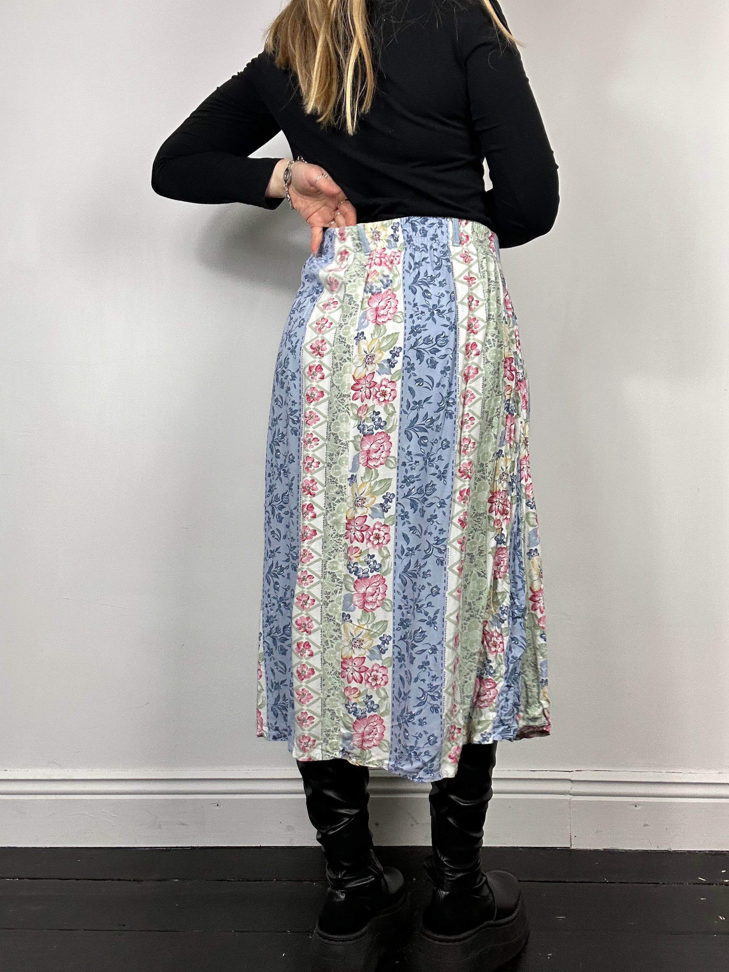 Denim Flroal Striped Midi Skirt Size 10