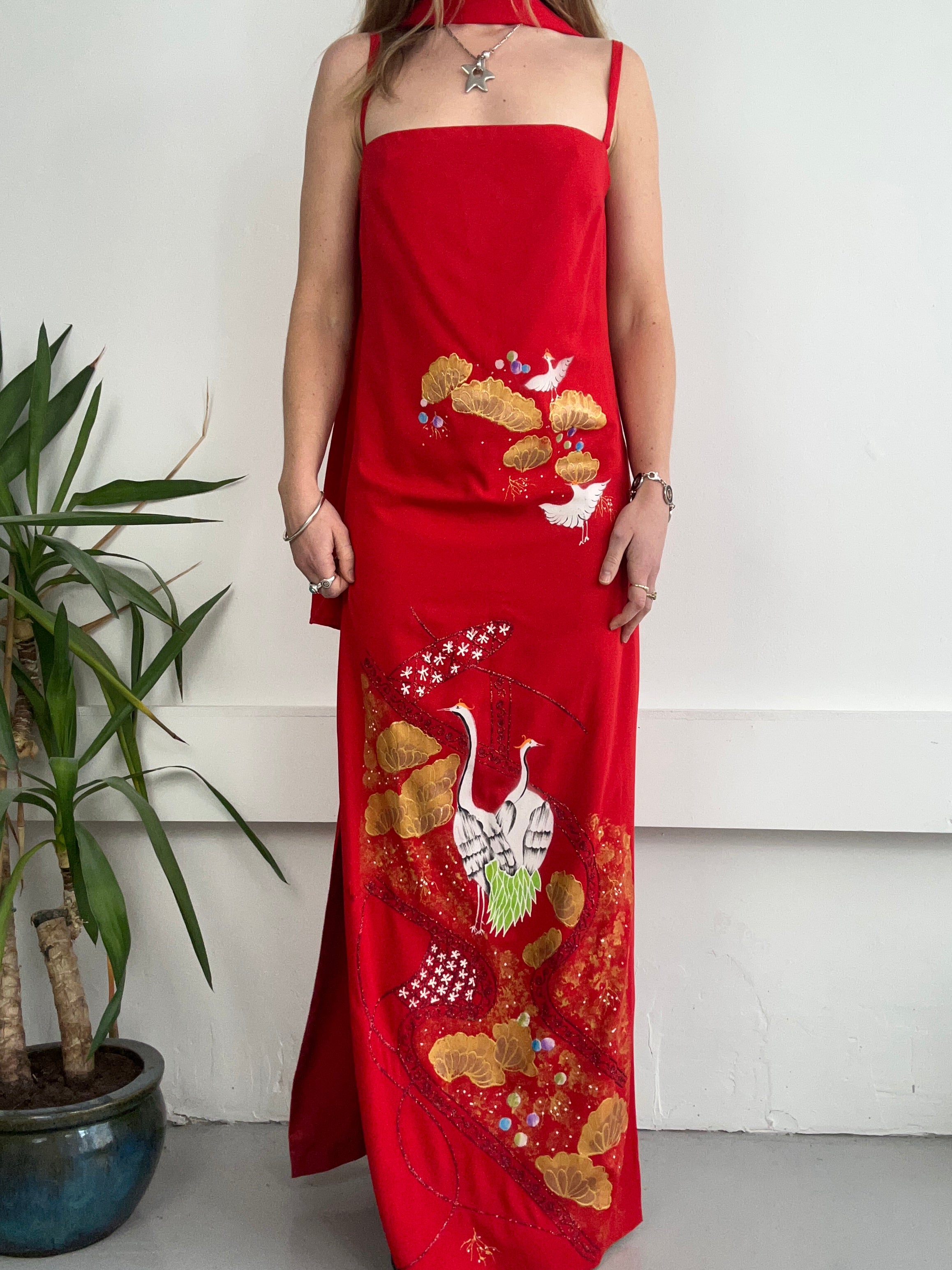Red Hand Made Painted Evening Dress Size 10/12