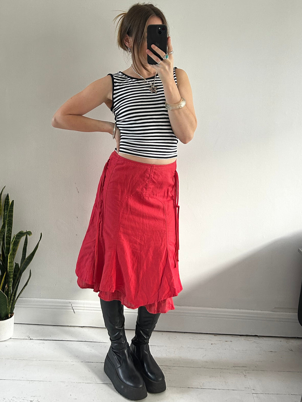 Red Linen Low Rise Ruffle Midi Skirt Size 8