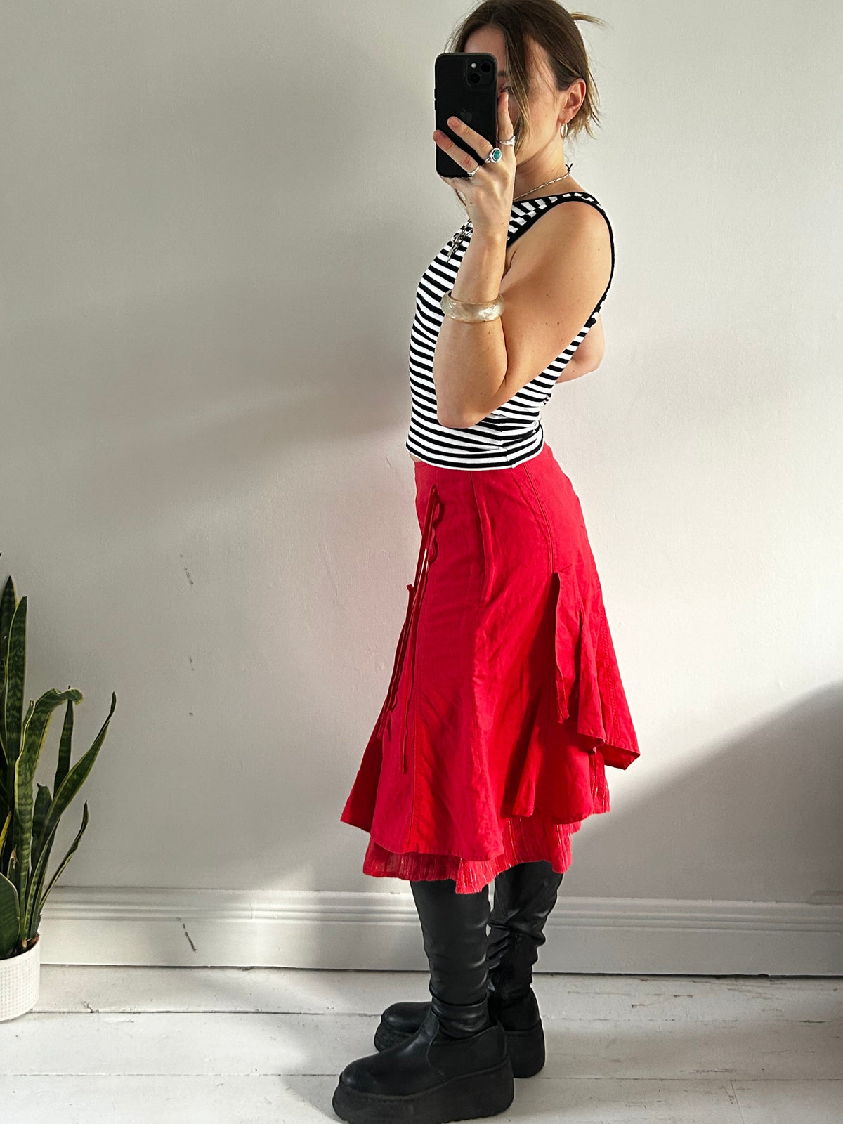 Red Linen Low Rise Ruffle Midi Skirt Size 8