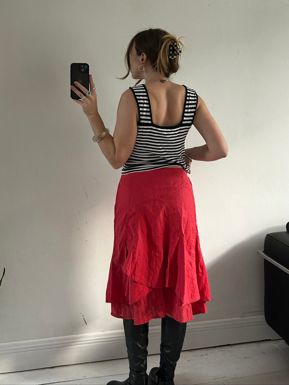 Red Linen Low Rise Ruffle Midi Skirt Size 8