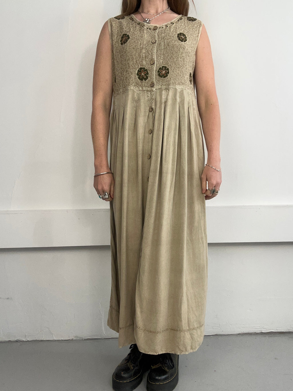 Beige Embroidered 90's Maxi Dress size 14