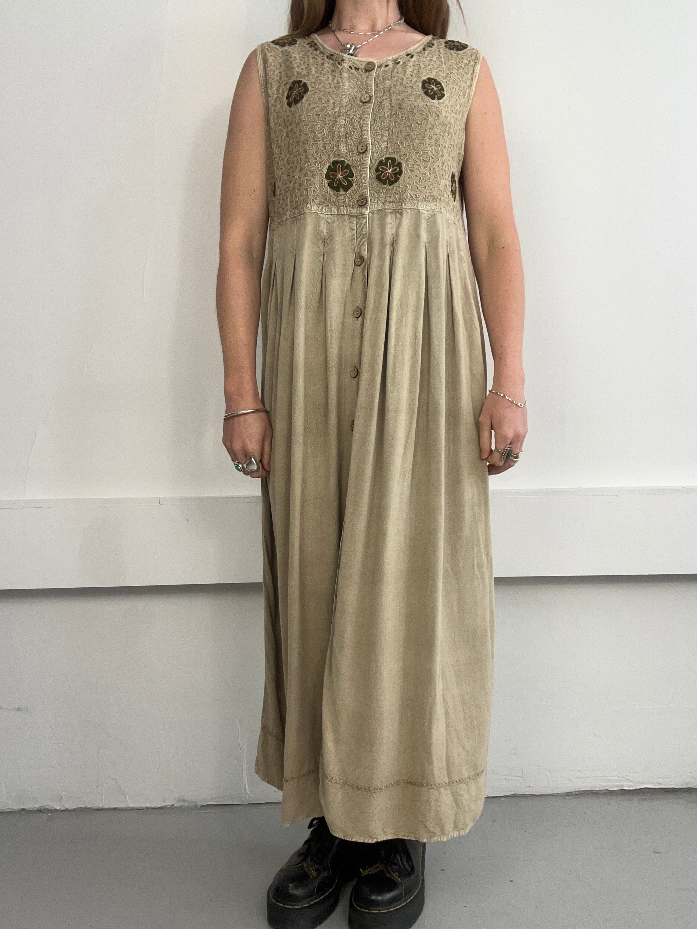 Beige Embroidered 90's Maxi Dress size 14