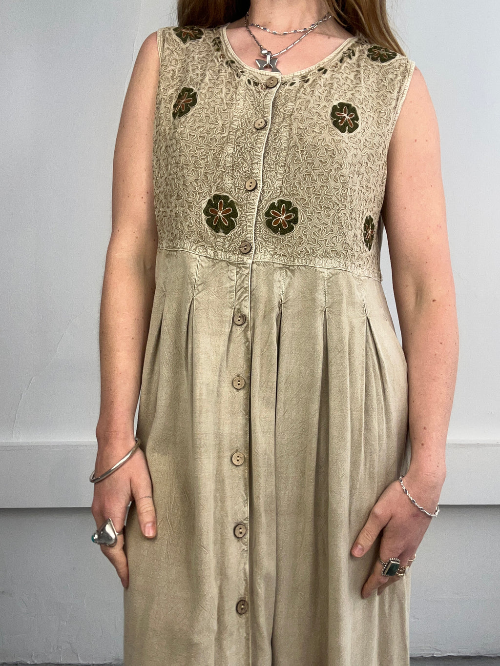 Beige Embroidered 90's Maxi Dress size 14