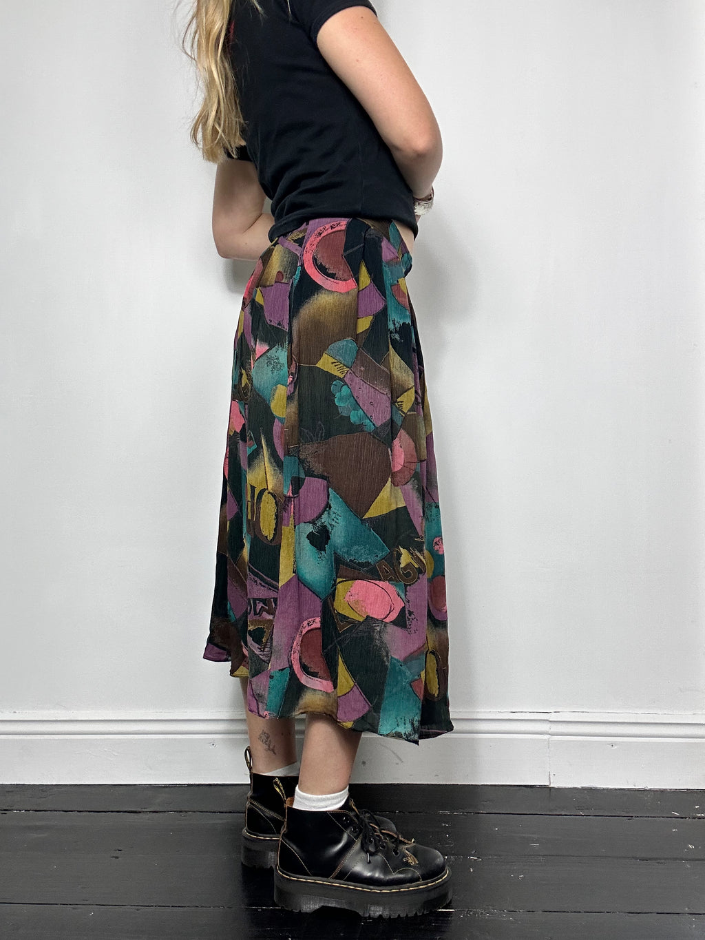 Purple 80's Geo Print Midi Skirt Size 8