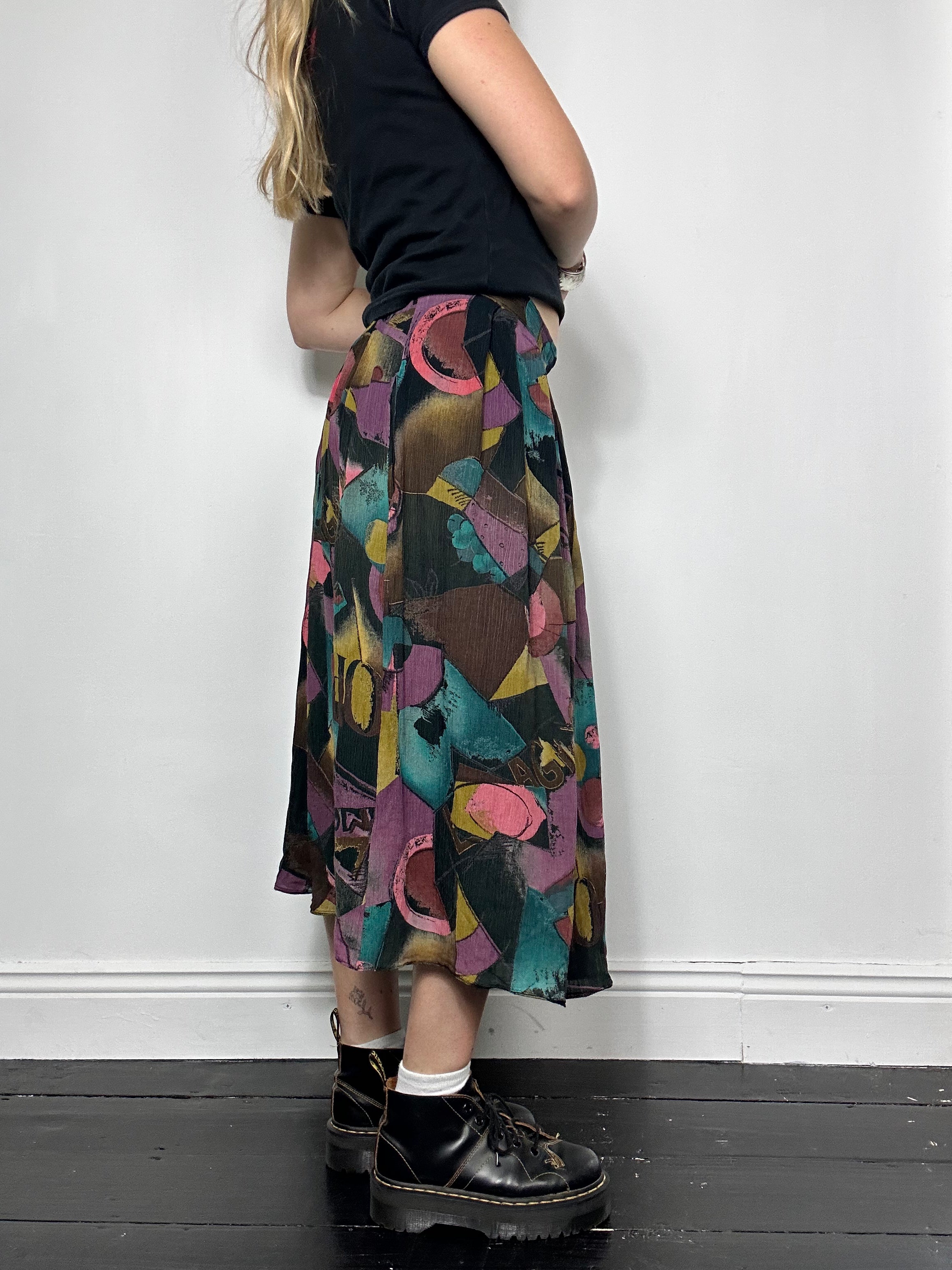 Purple 80's Geo Print Midi Skirt Size 8