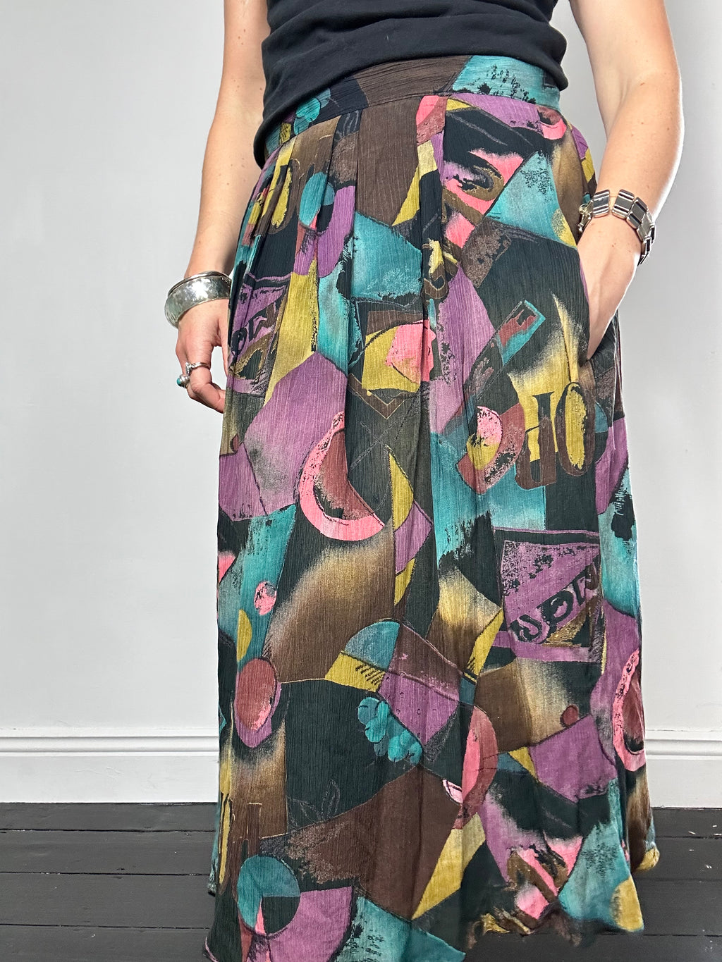 Purple 80's Geo Print Midi Skirt Size 8