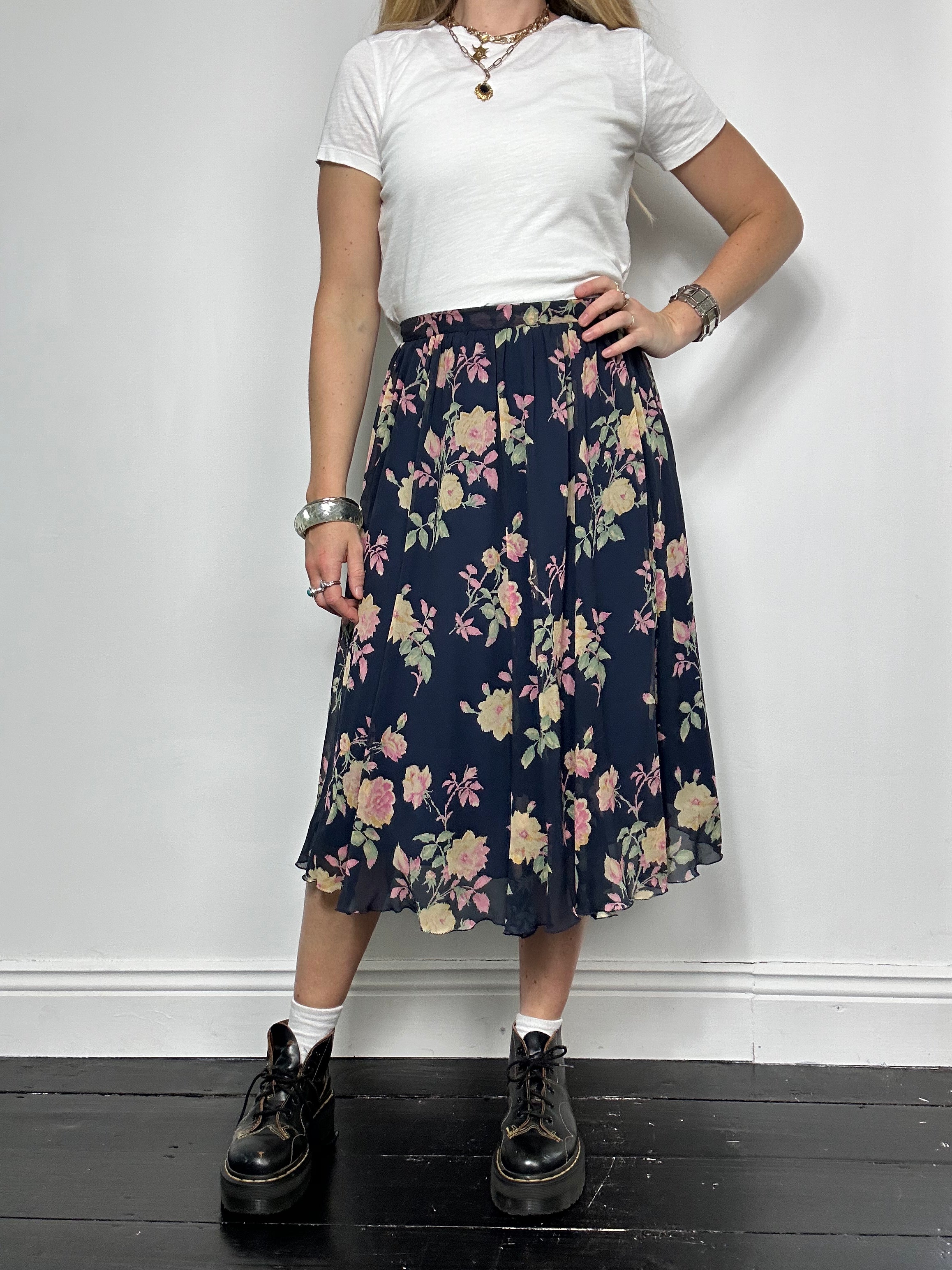 Navy Floral Chiffon Skirt Size 8