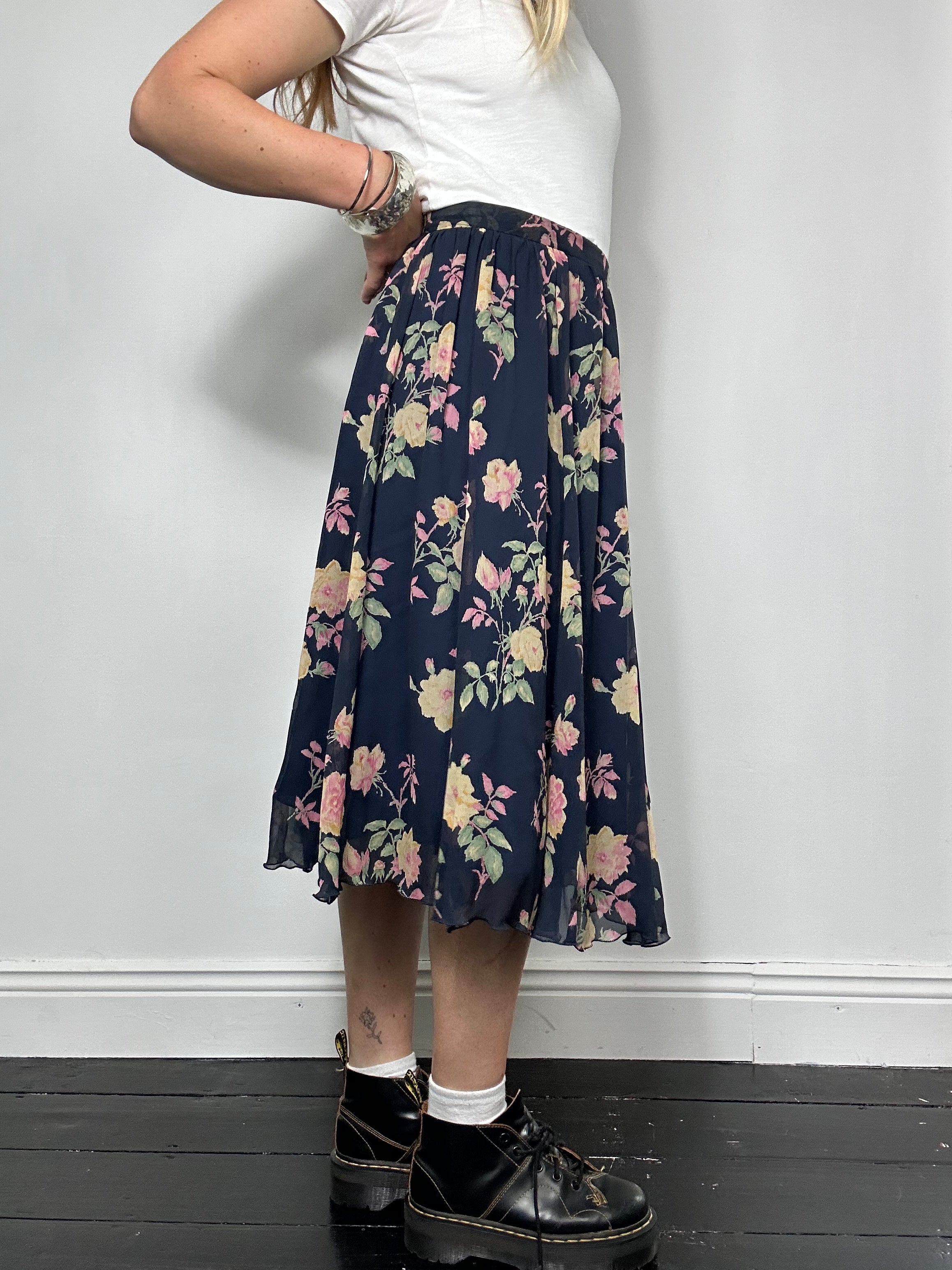 Navy Floral Chiffon Skirt Size 8