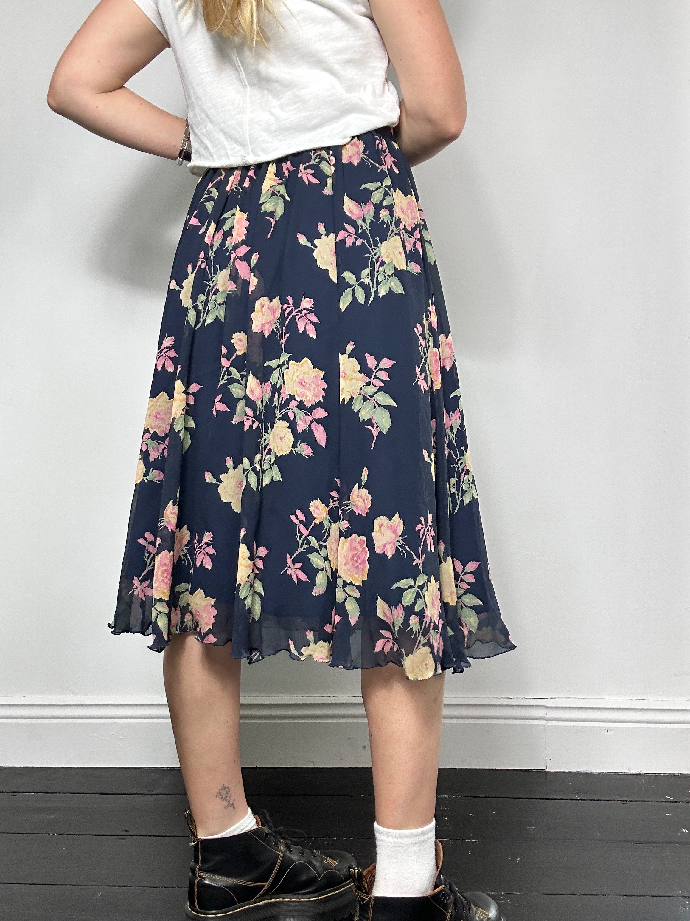 Navy Floral Chiffon Skirt Size 8