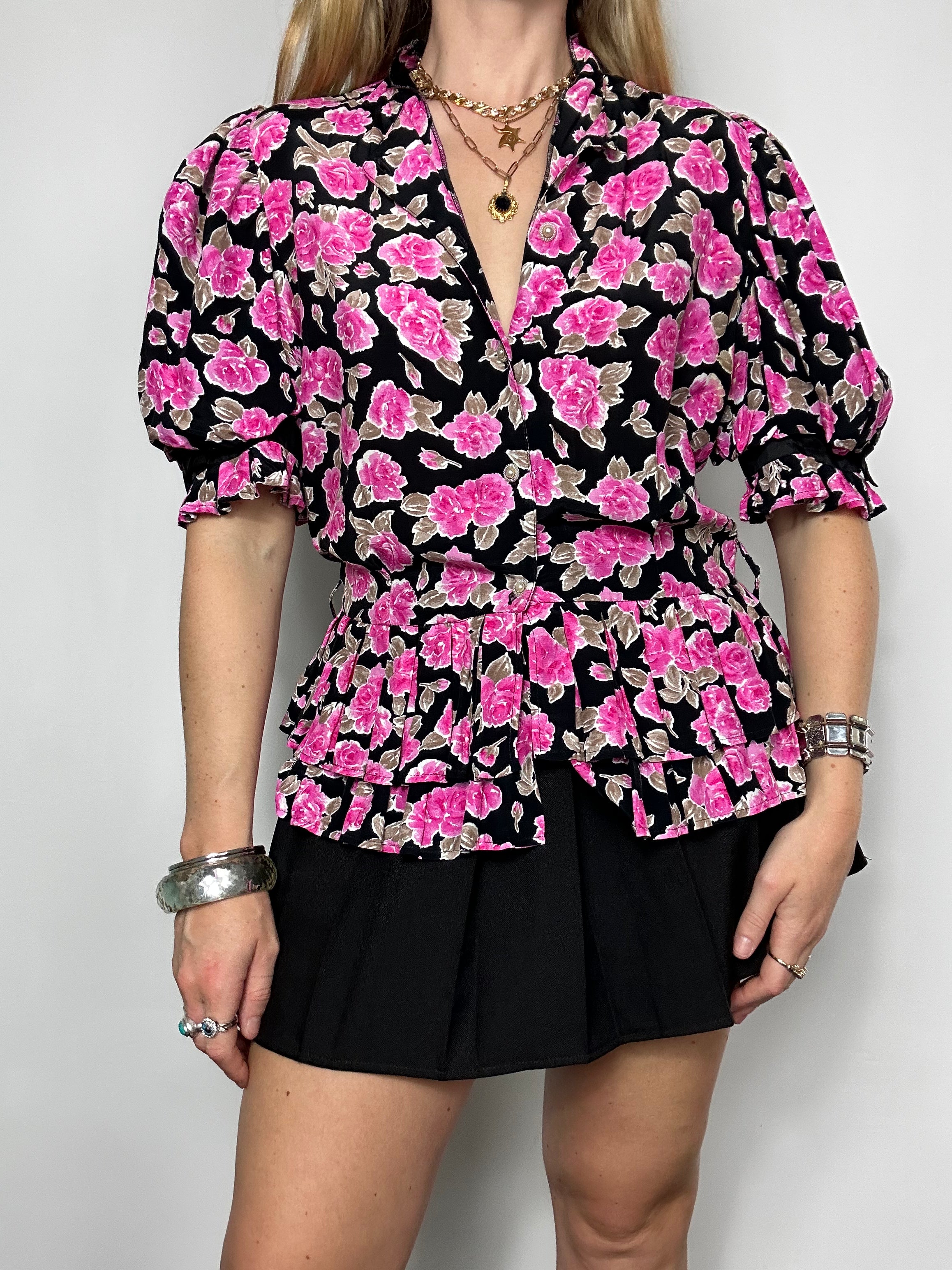 Pink Floral 80's Puff Sleeve Shirt Size 8