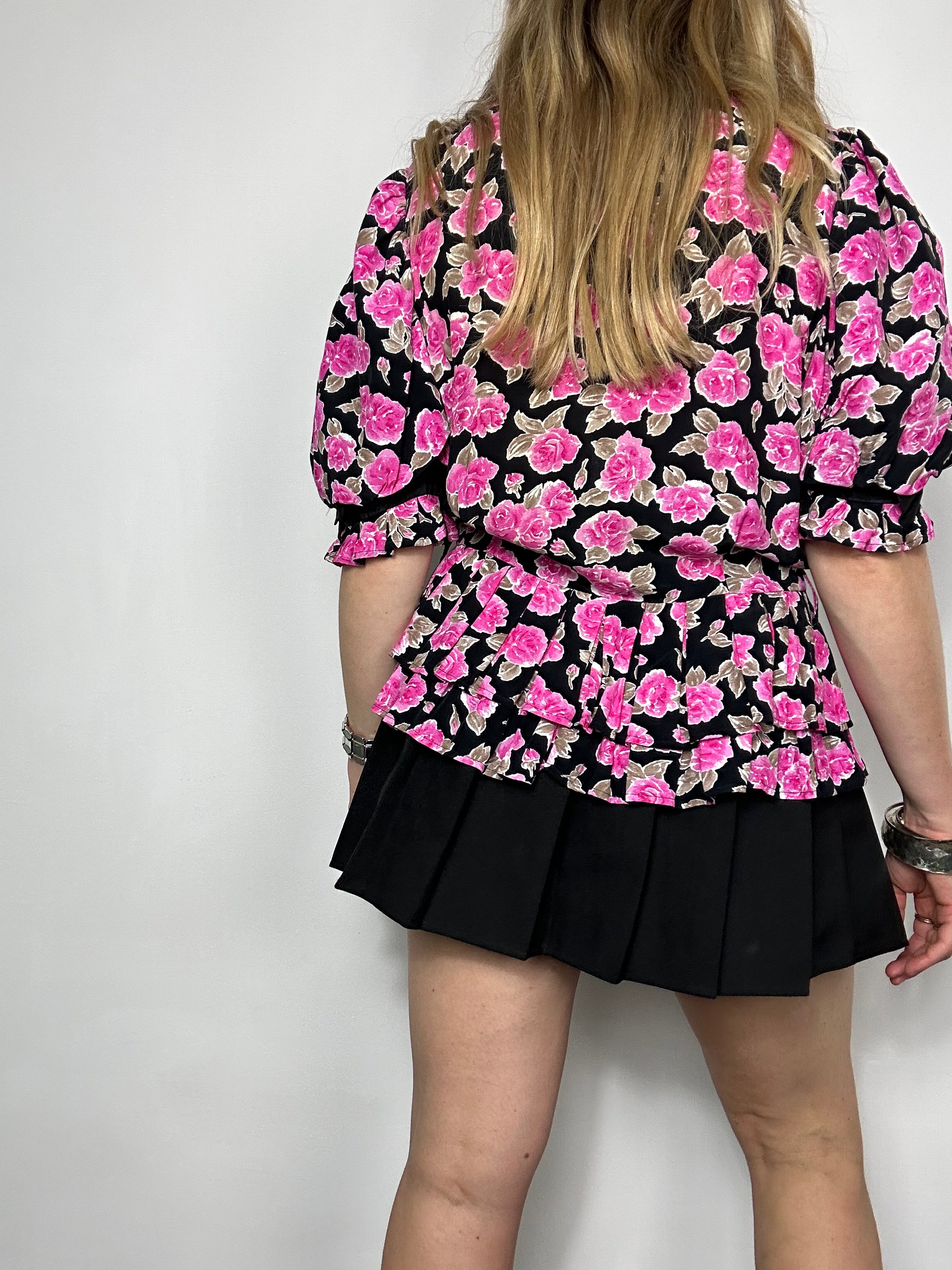 Pink Floral 80's Puff Sleeve Shirt Size 8