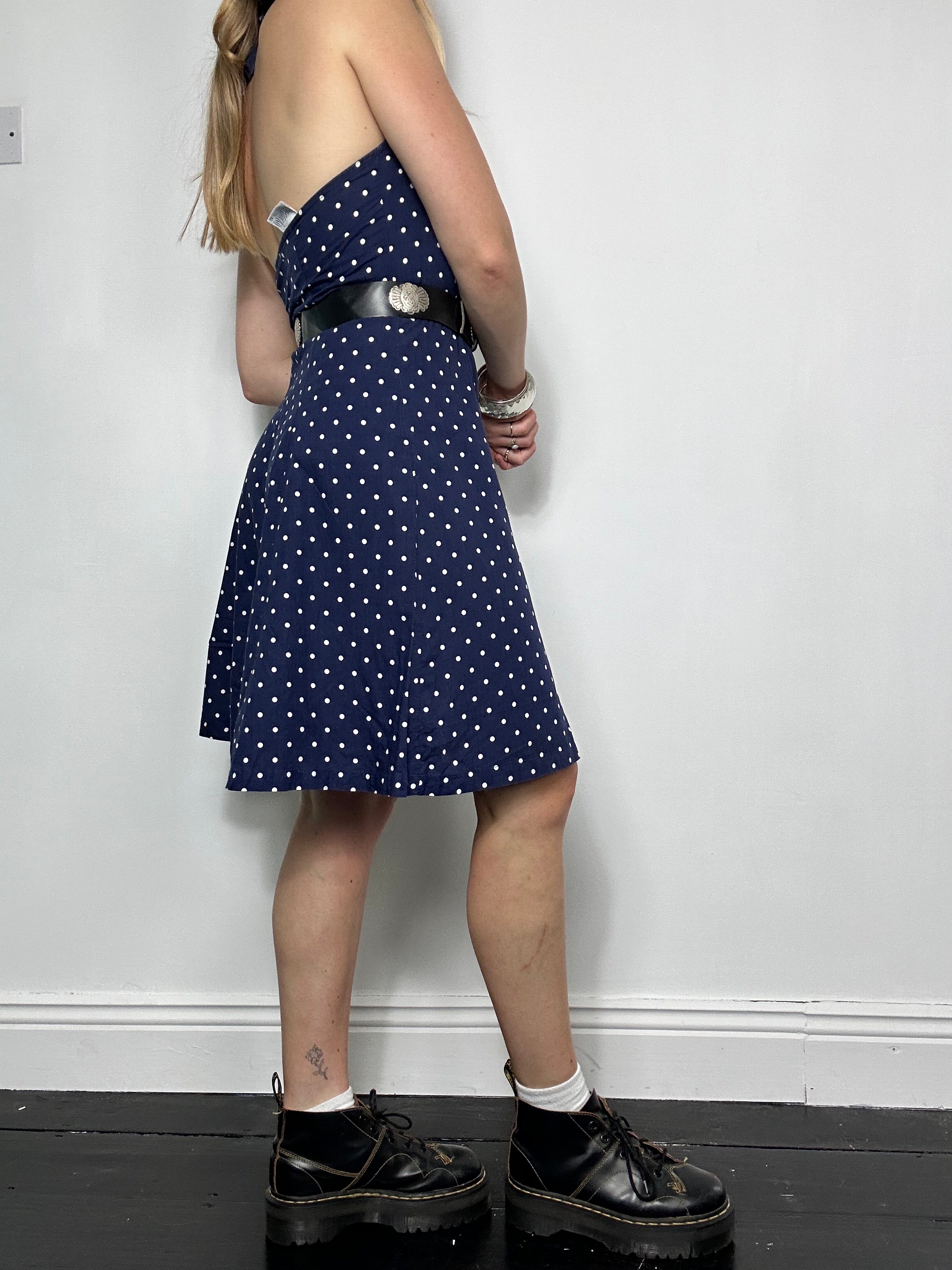 Navy Polkadot Midi Dress Size 8