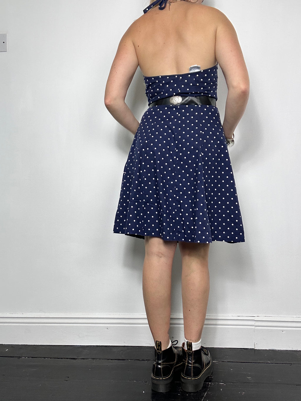 Navy Polkadot Midi Dress Size 8