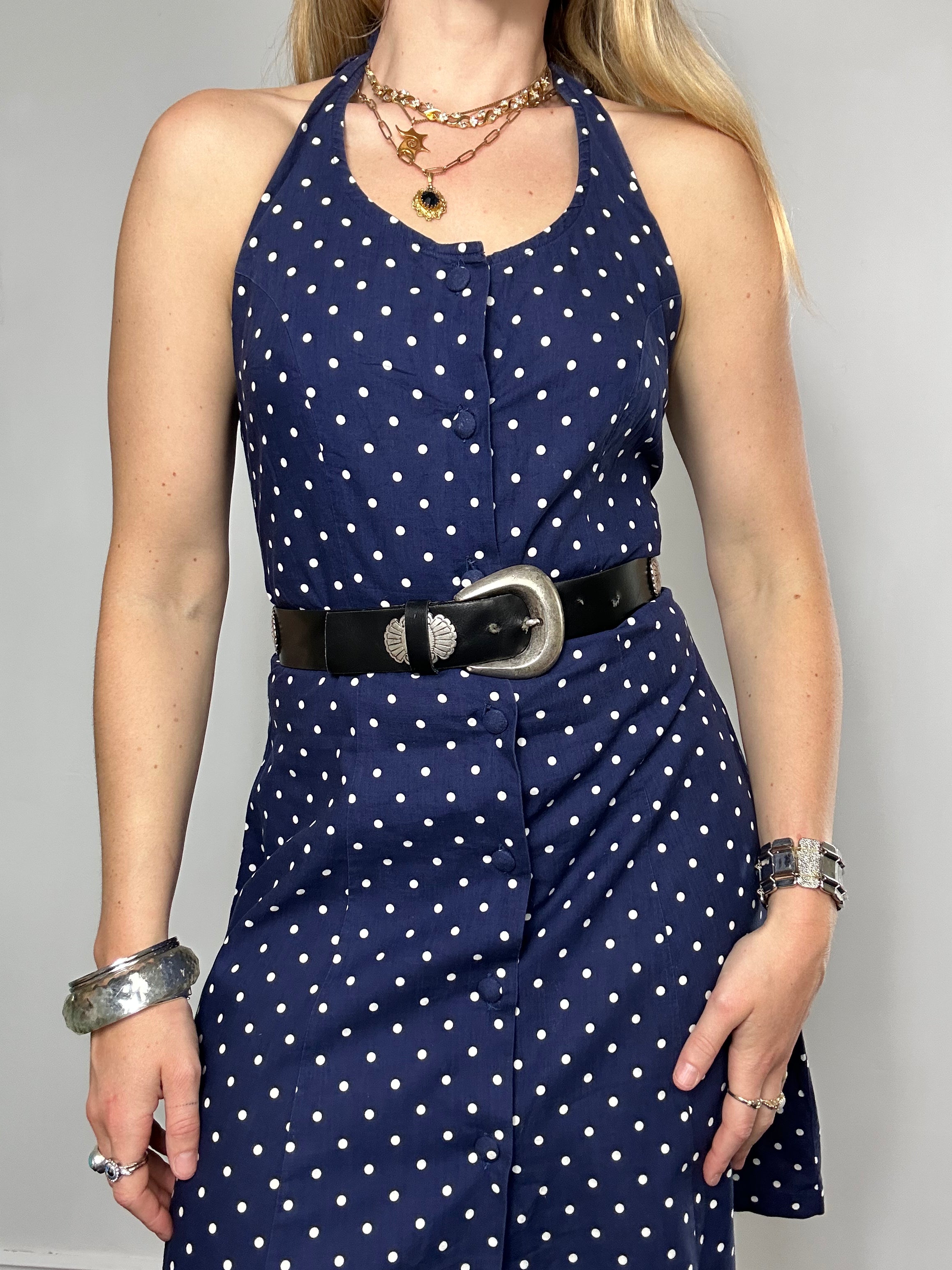 Navy Polkadot Midi Dress Size 8