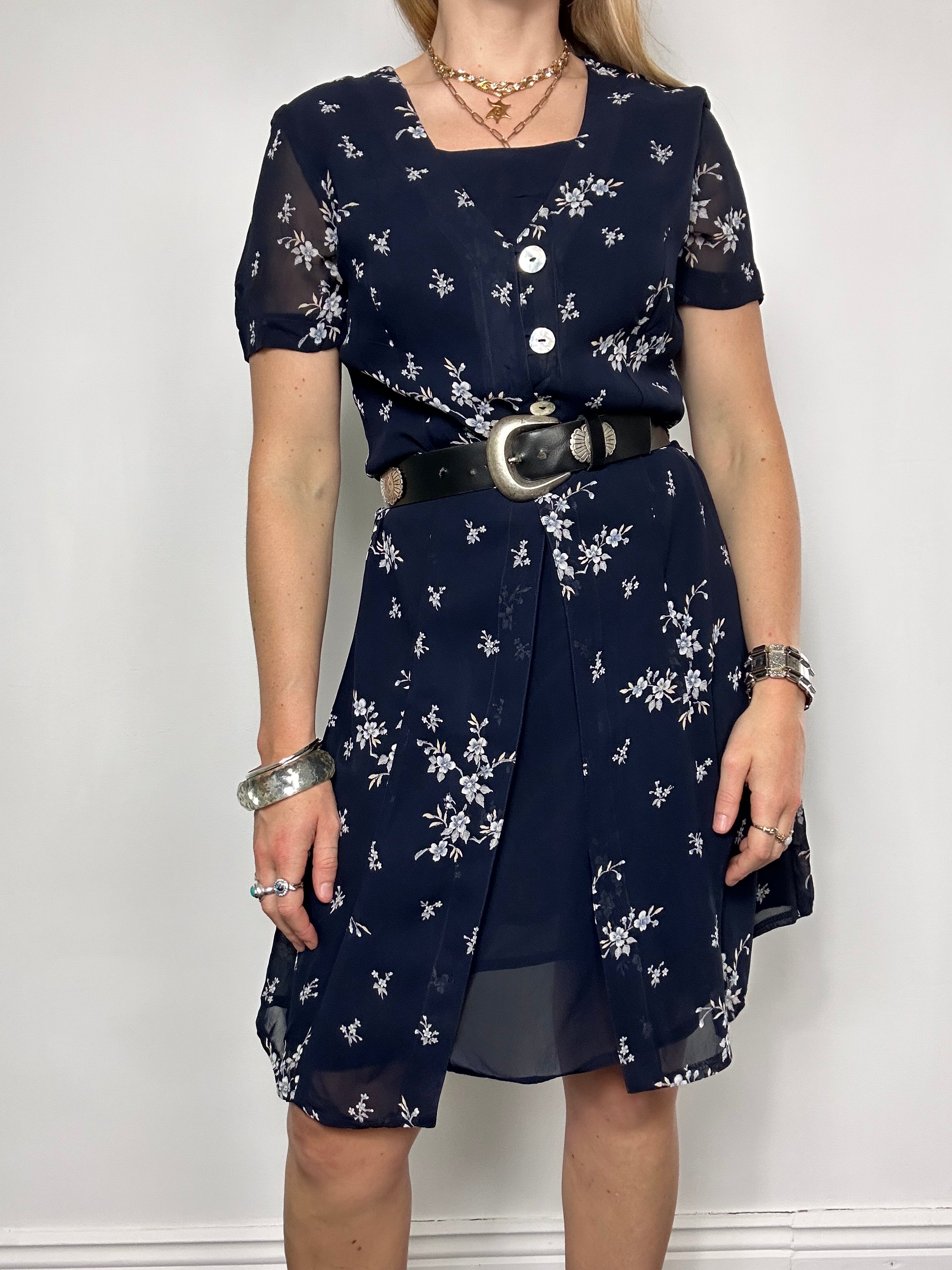 Navy 90's Floral Midi Dress Size 10