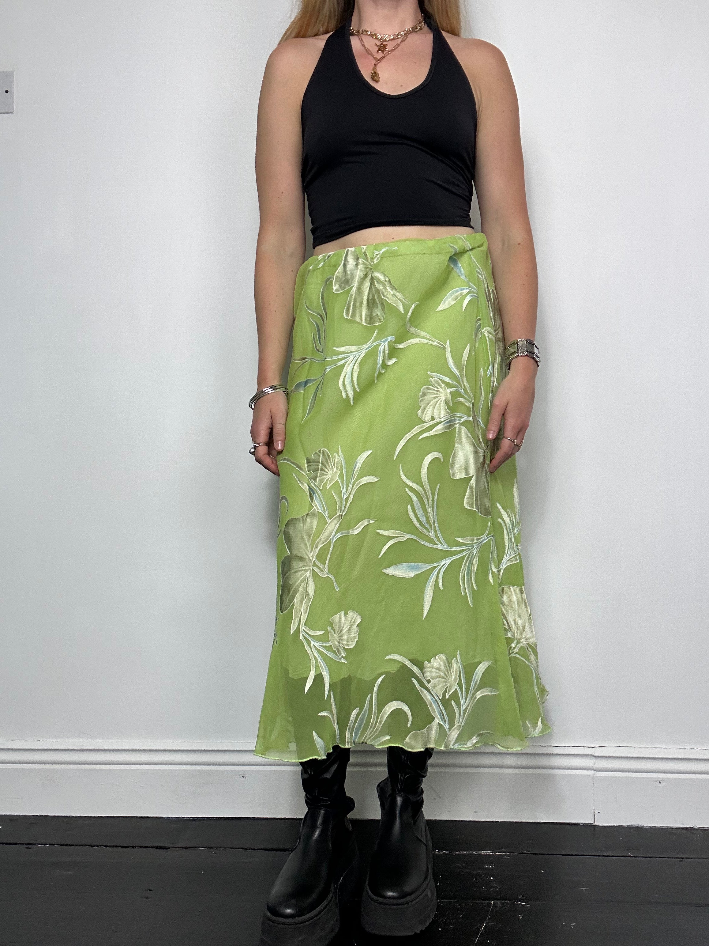 Lime Green 90's Chiffon Skirt Size 12/14