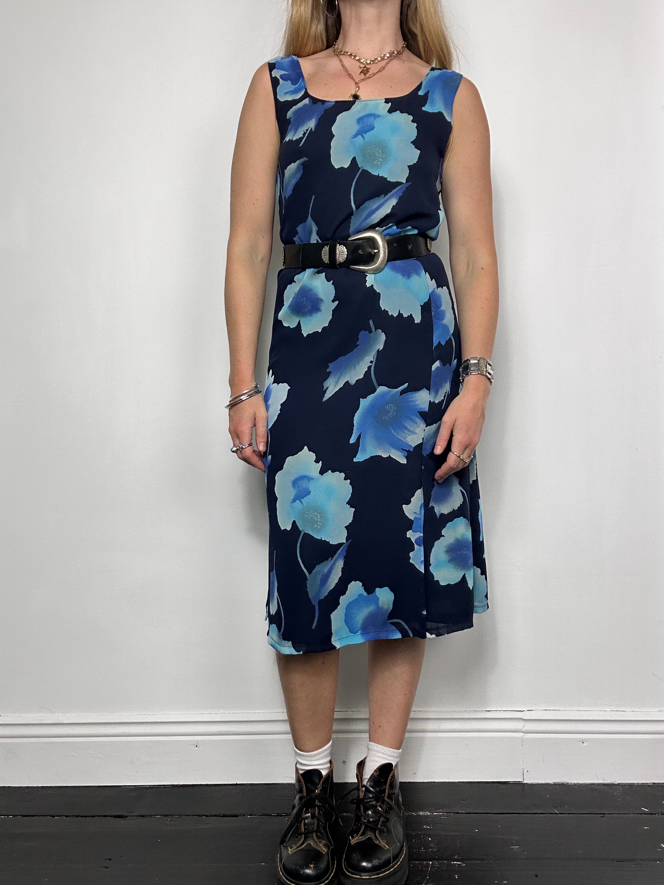 Blue Floral 90's Midi Dress Size 10