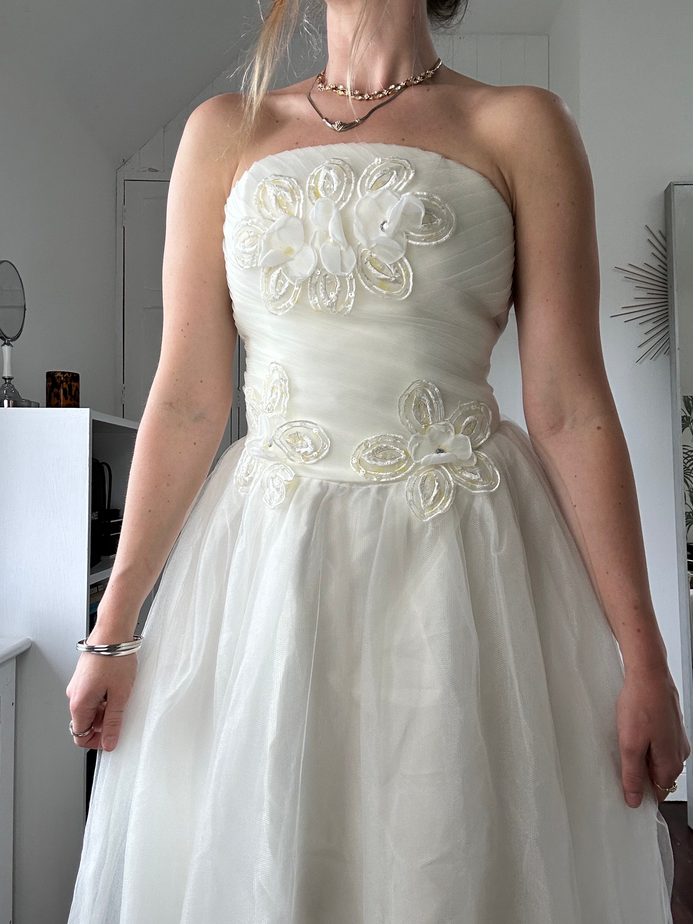 1980's Floral Strapless Wedding Dress Size 10