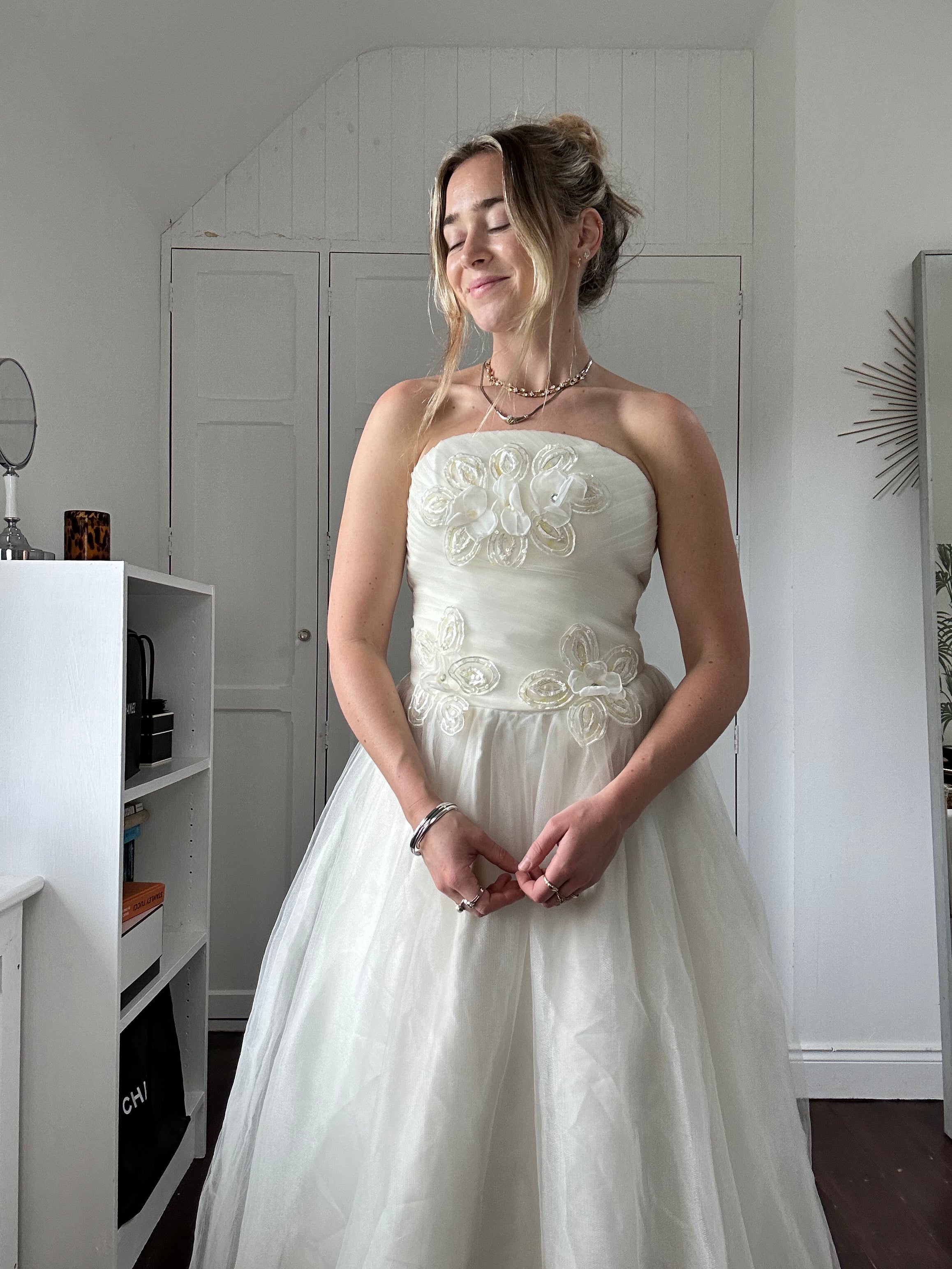 1980's Floral Strapless Wedding Dress Size 10