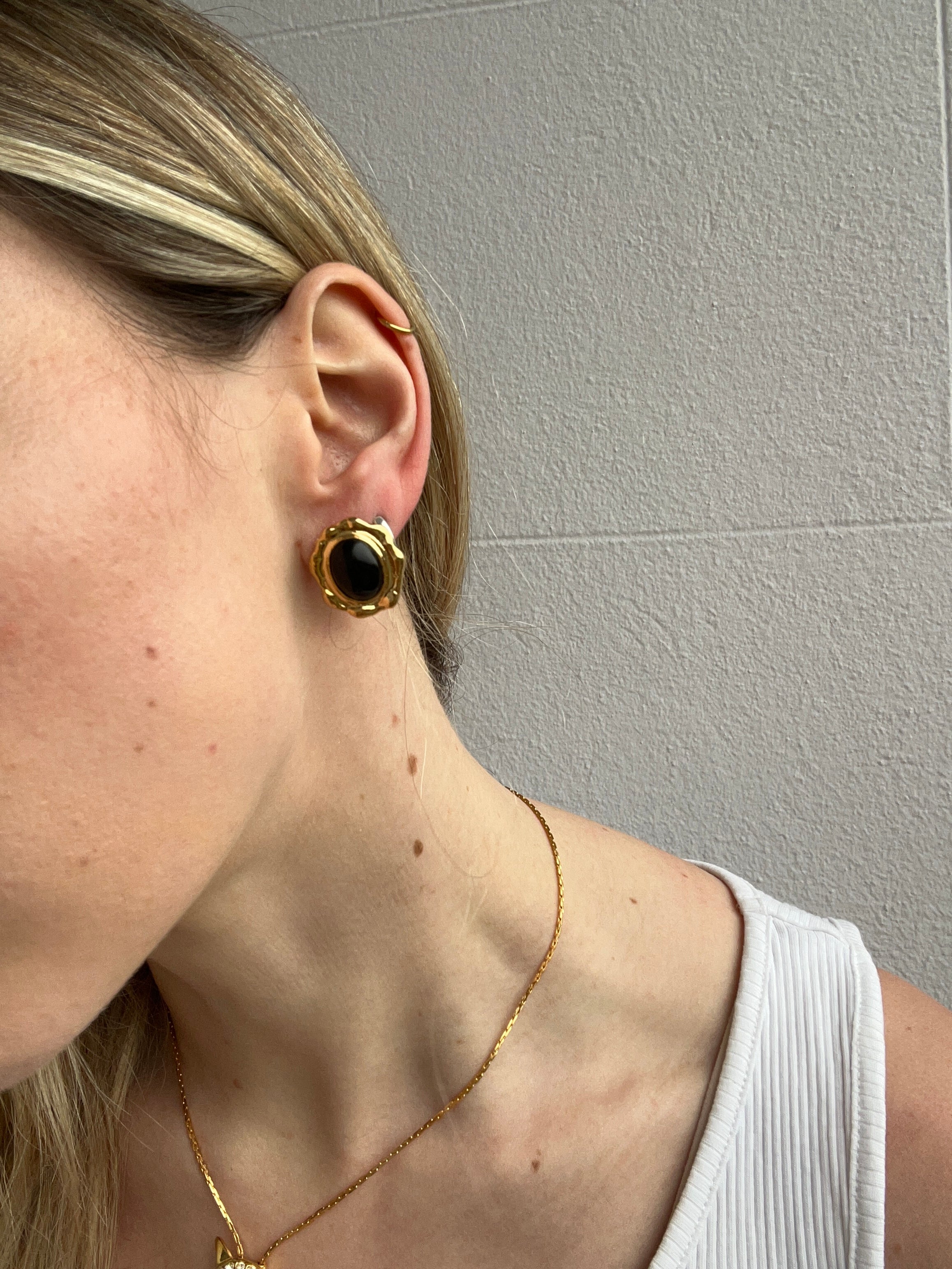 Black Stone 80's Gold Plated Earrings