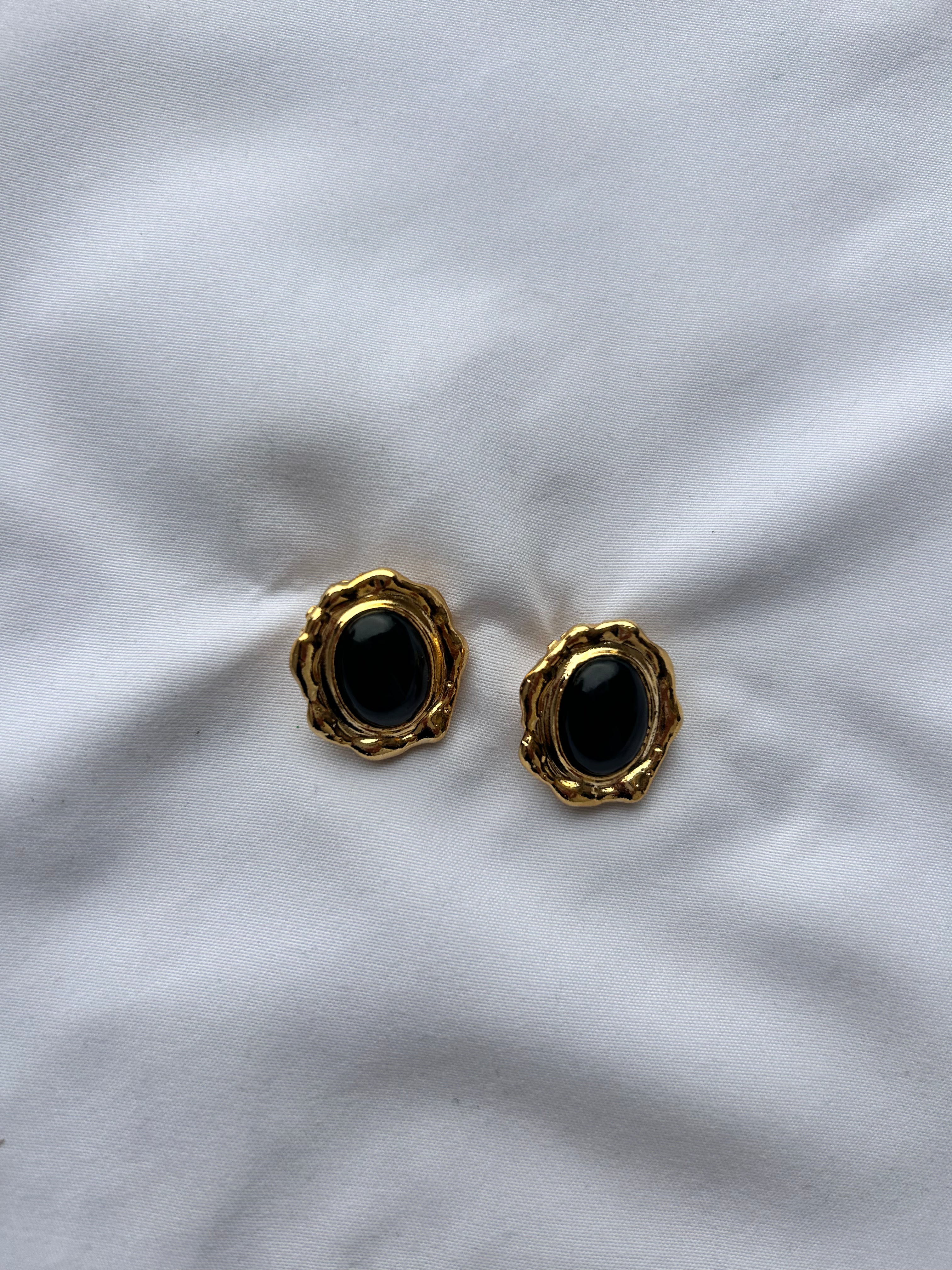 Black Stone 80's Gold Plated Earrings