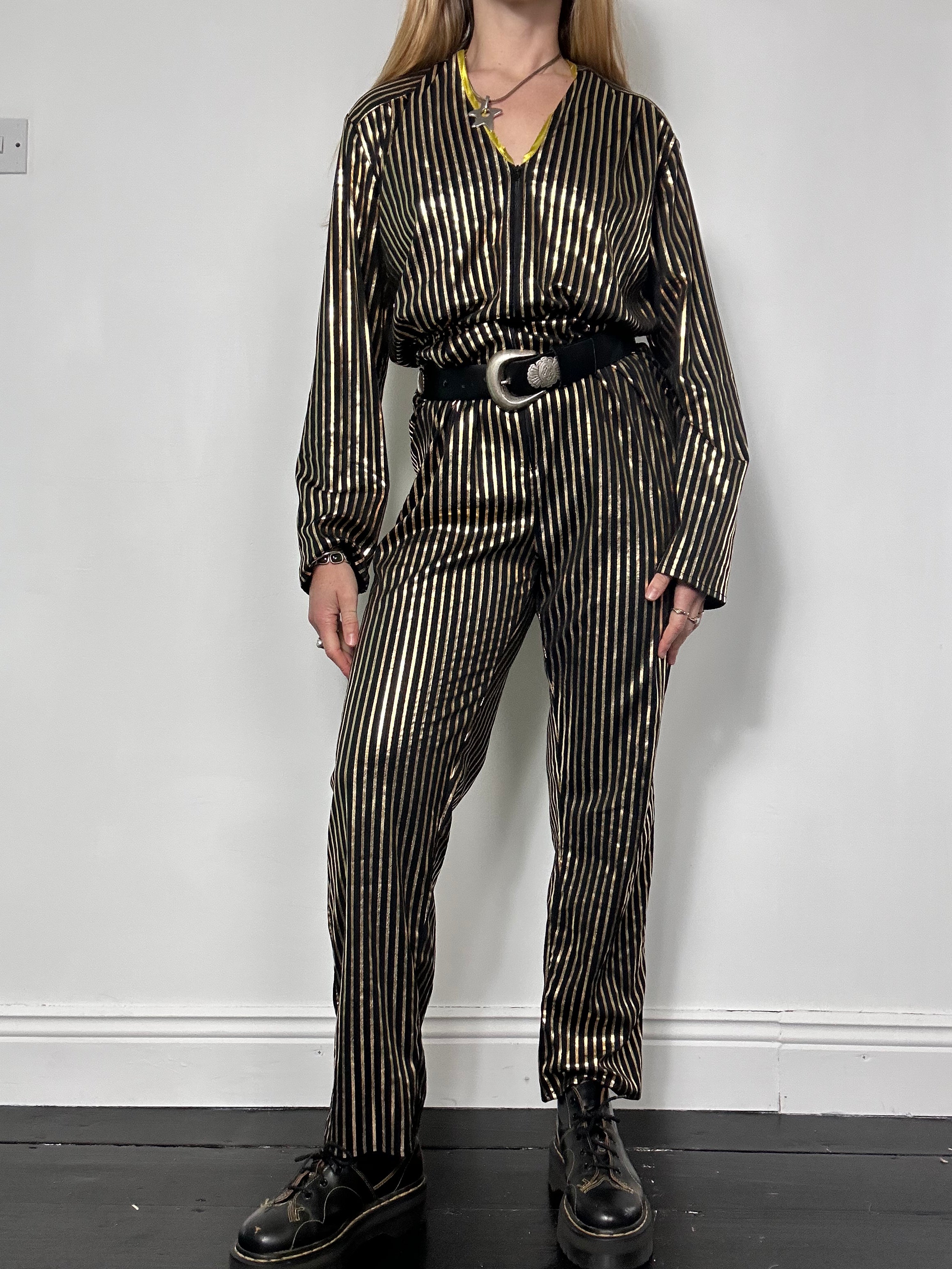 Gold Pinstripe 80's Festival Jumpsuit Size 10