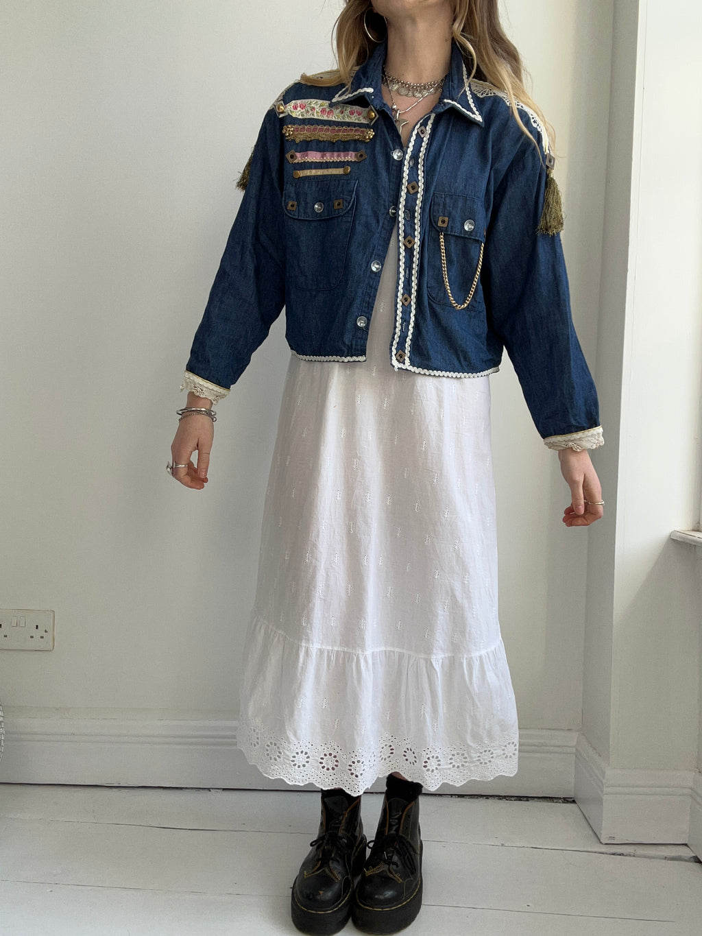 Croppped Denim Embellished Jacket Size 12