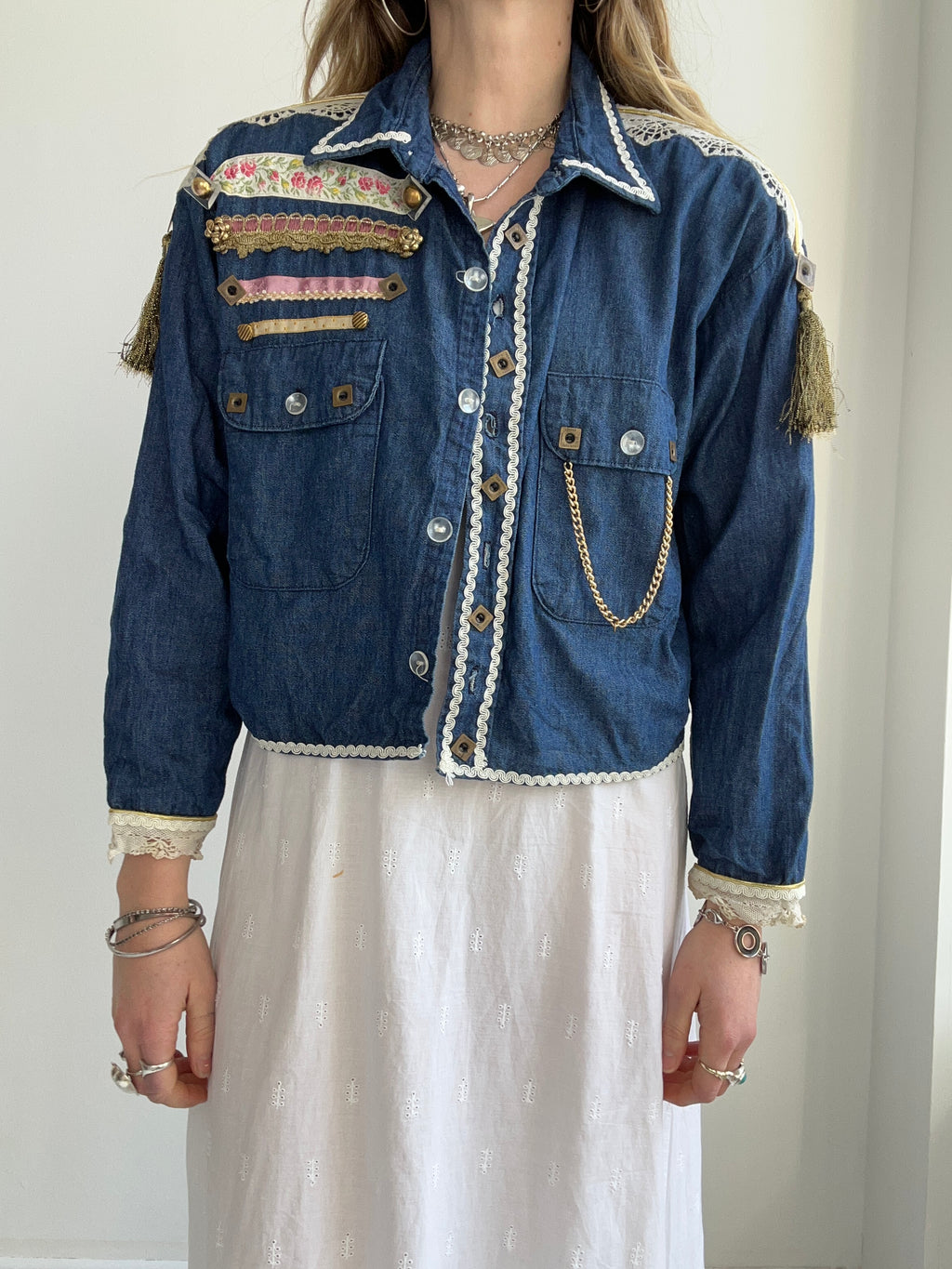 Croppped Denim Embellished Jacket Size 12
