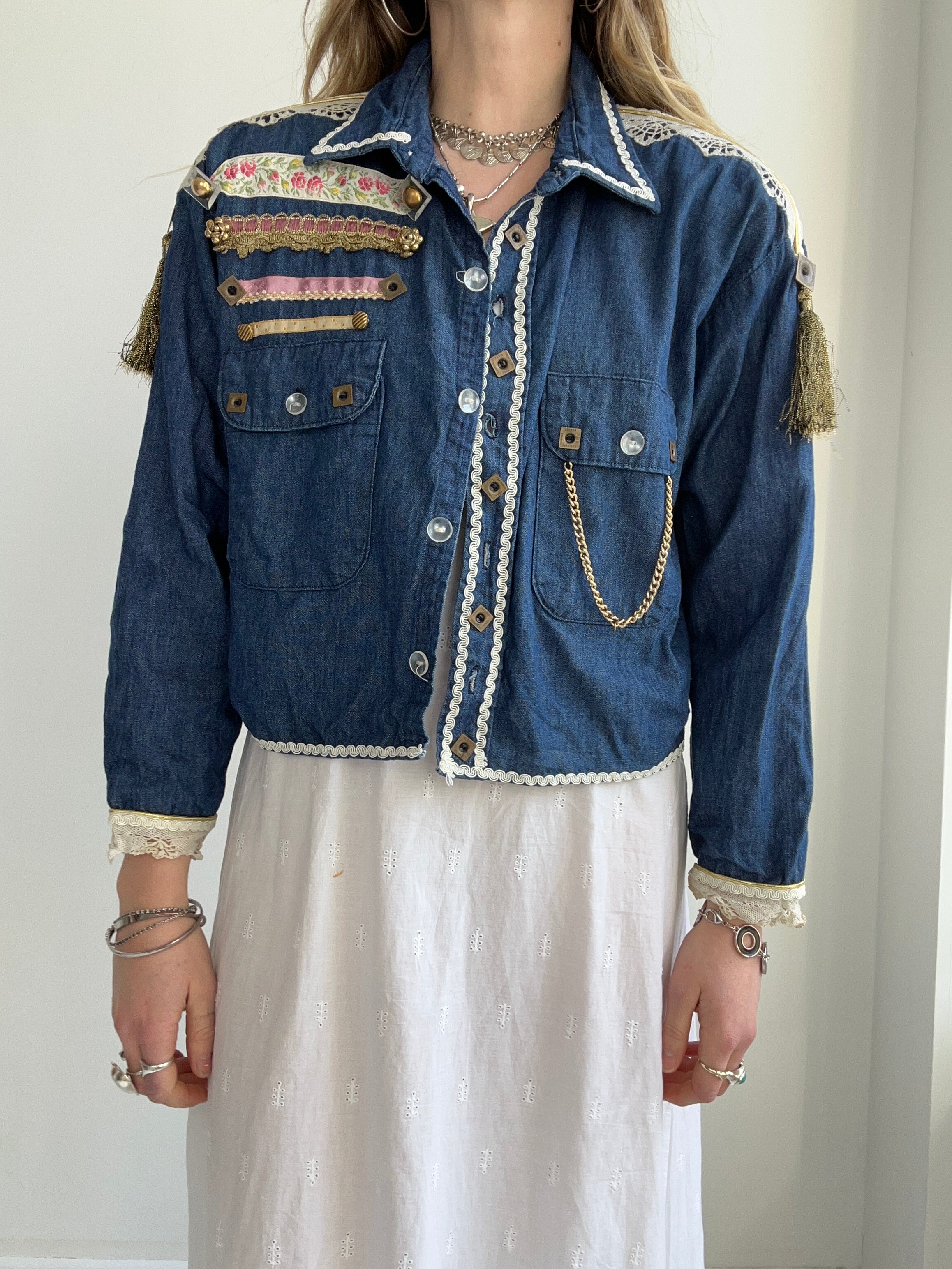 Croppped Denim Embellished Jacket Size 12