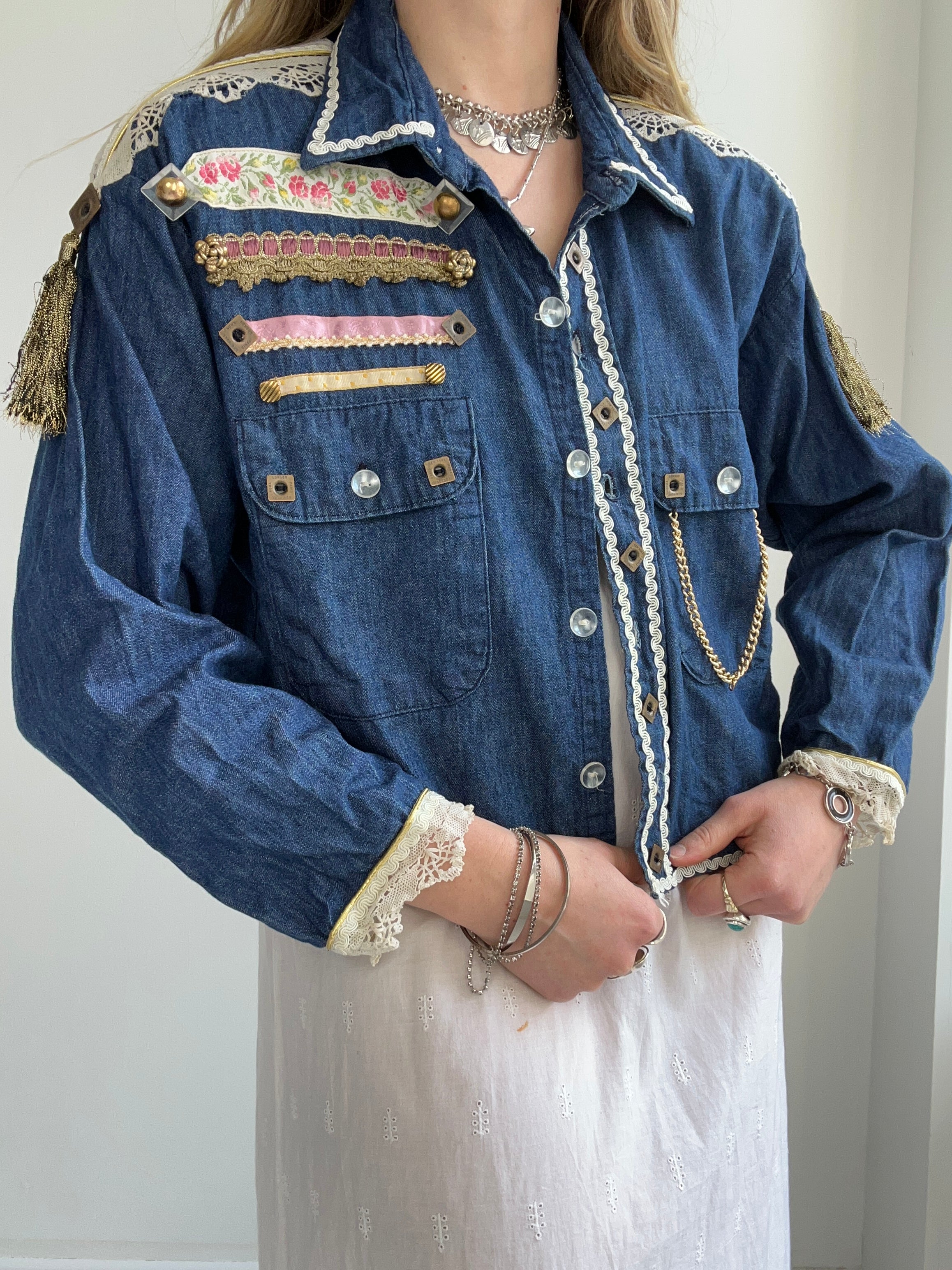 Croppped Denim Embellished Jacket Size 12