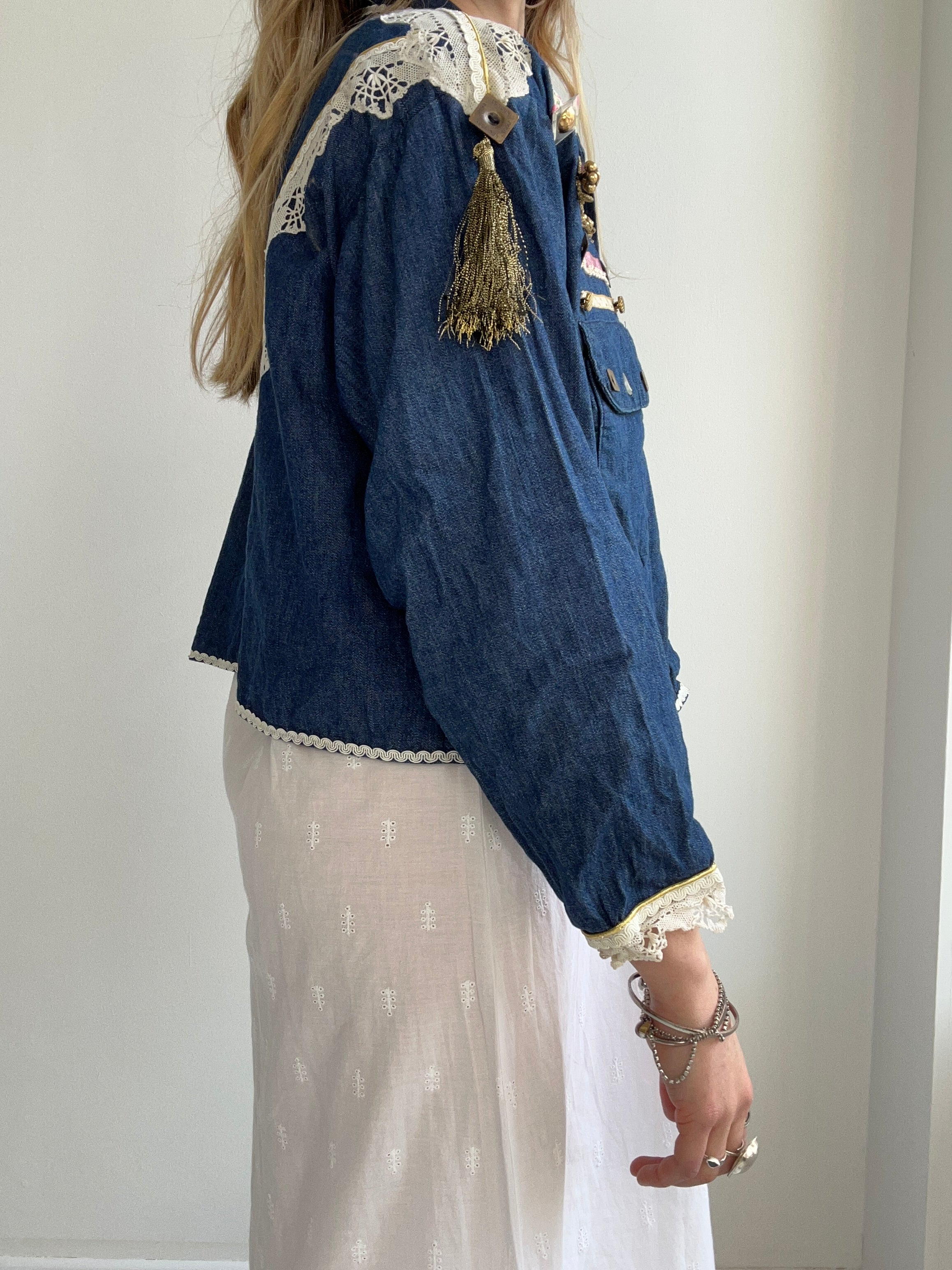 Croppped Denim Embellished Jacket Size 12