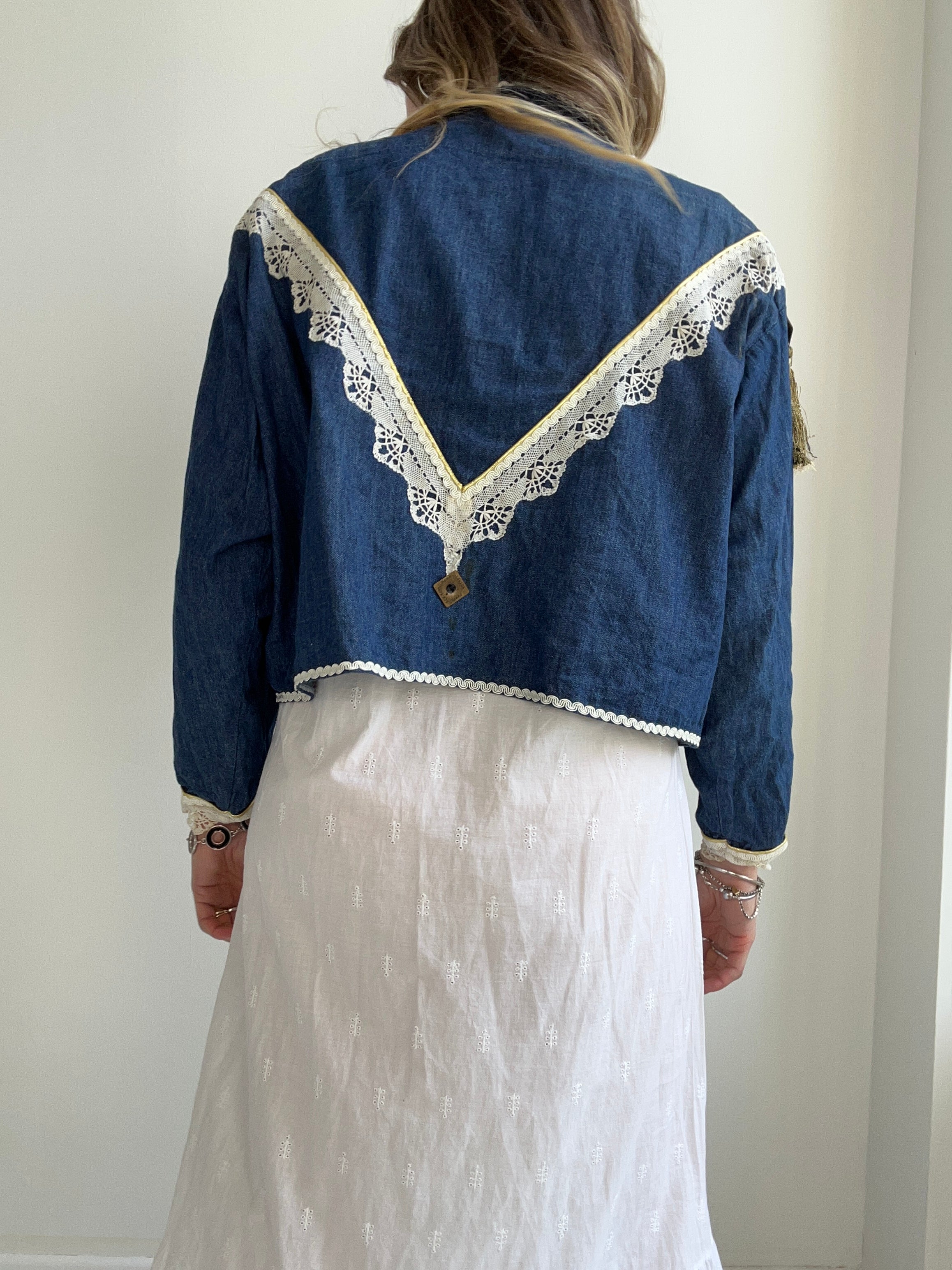 Croppped Denim Embellished Jacket Size 12