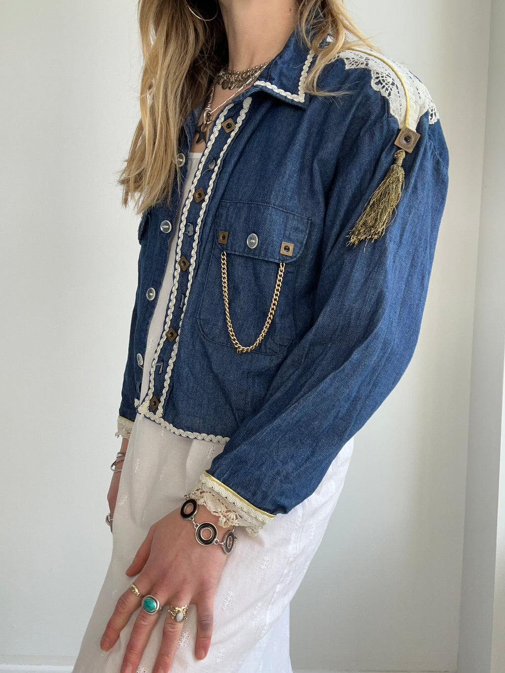 Croppped Denim Embellished Jacket Size 12