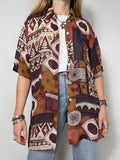 Brown 80's Geo Print Chiffon Shirt Size 14