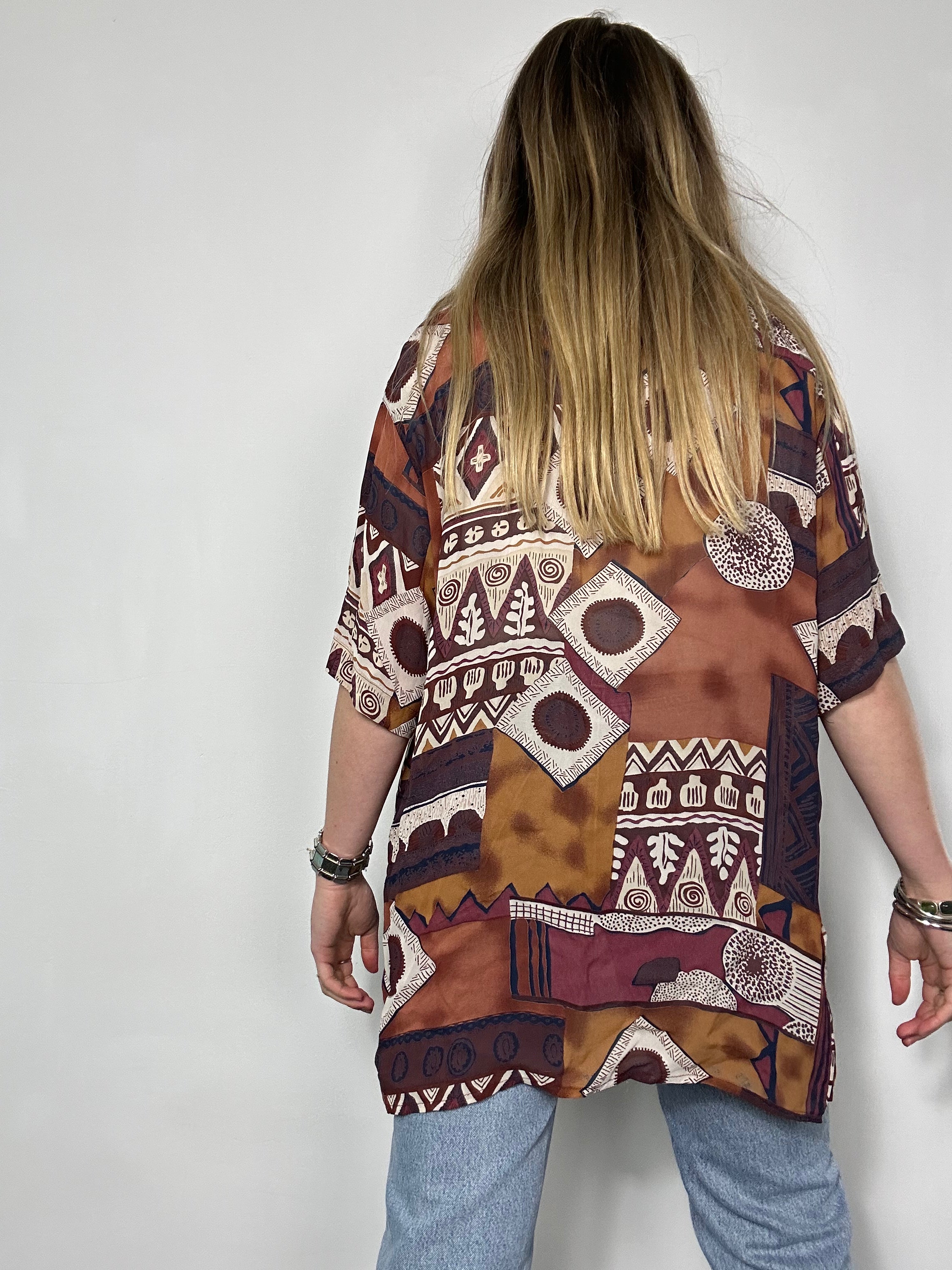 Brown 80's Geo Print Chiffon Shirt Size 14