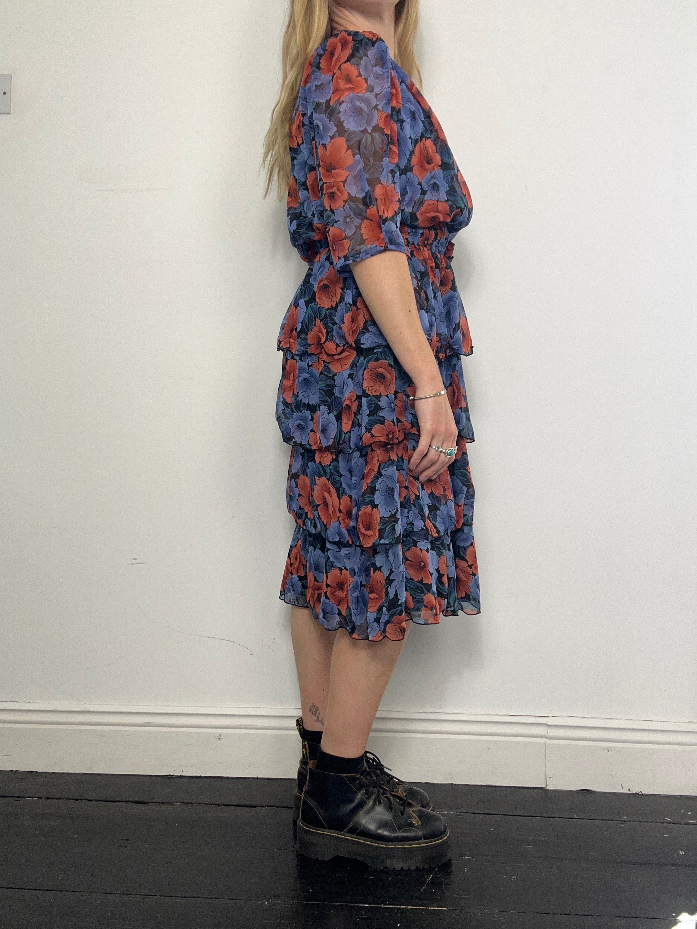 Floral 80's Ruffle Midi Dress Size 10