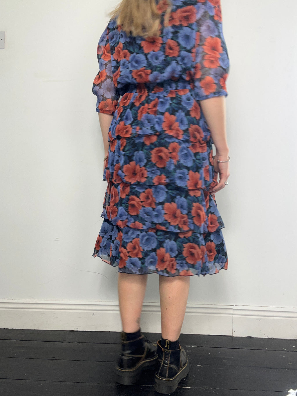 Floral 80's Ruffle Midi Dress Size 10