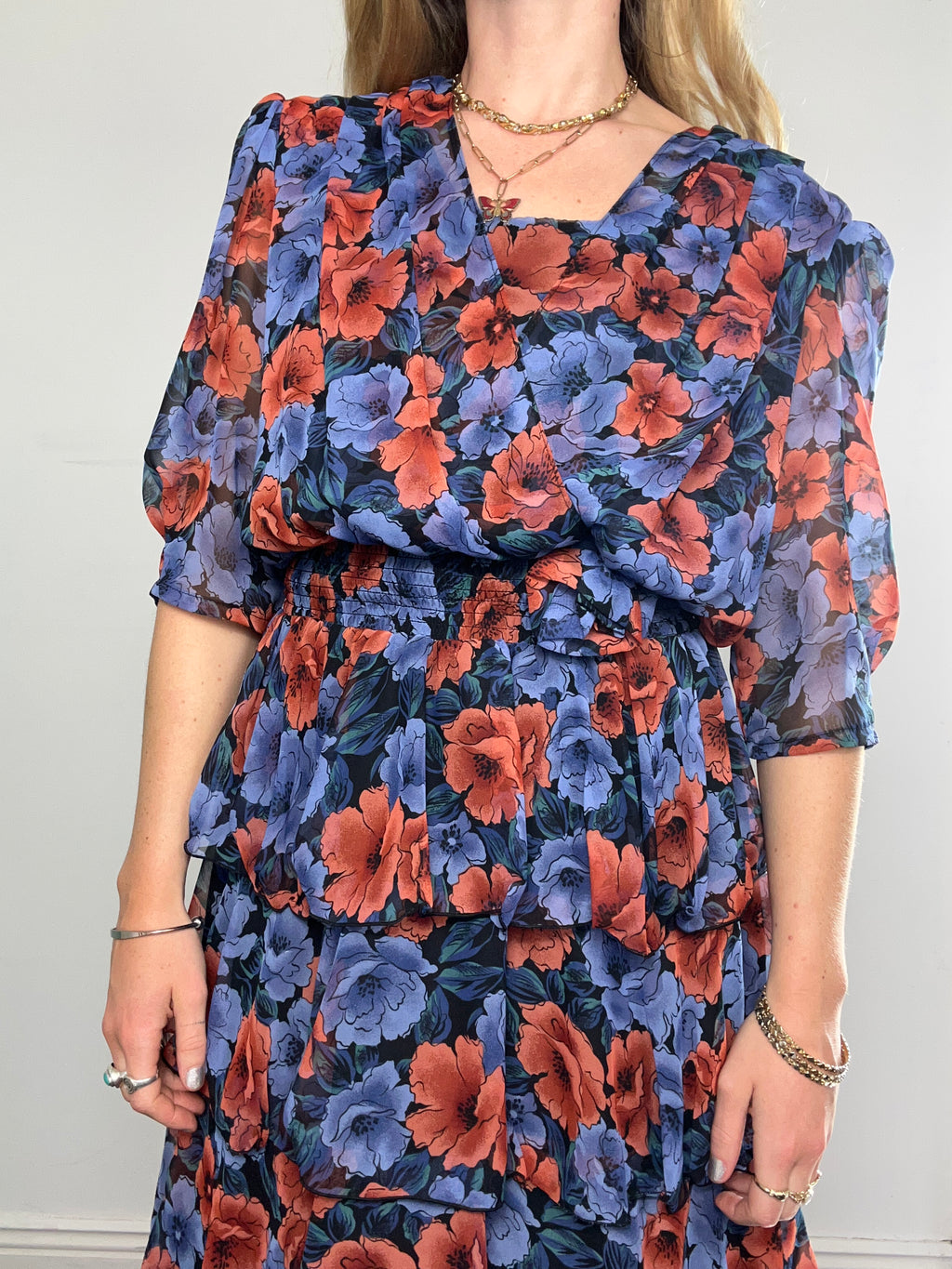 Floral 80's Ruffle Midi Dress Size 10